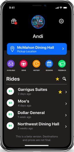 The beta interface of the new GogoDoggo app, a new ridesharing app for UConn. All photos courtesy of Andi Duro.