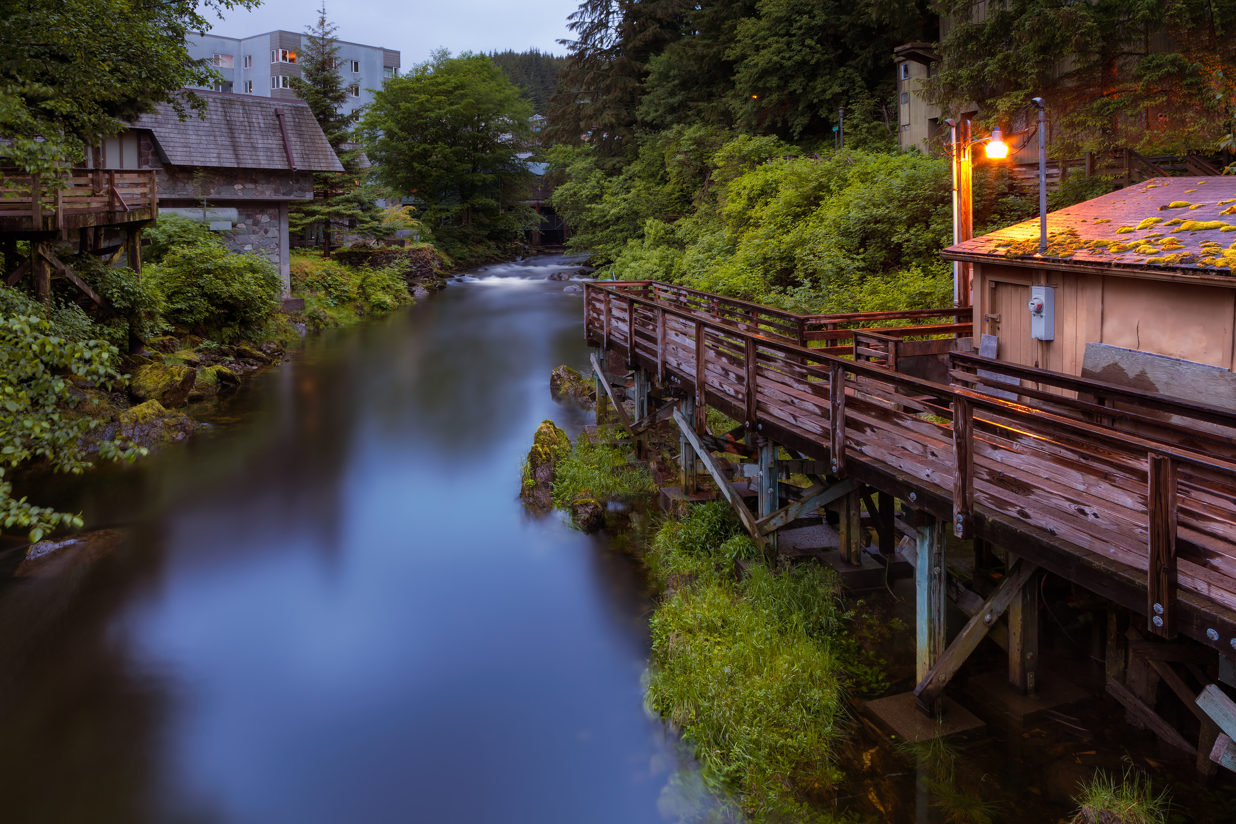 Far edge of Creek Street. Got this shot with my Canon 5d Mark 2 last night at about 9pm (notice how bright the sky still is). As pretty and iconic as it is now, during the 1920's Creek Street was actually Ketchikan's red light district, or as they say around here, a place "Where more men than fish went upstream to spawn." 