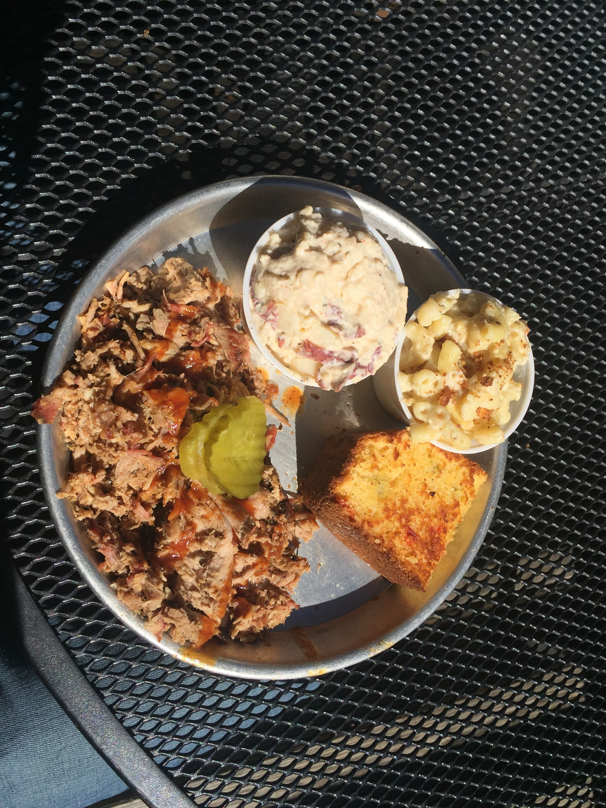 Pulled Pork, Potato Salad, Mac & Cheese, and Corn Bread from 