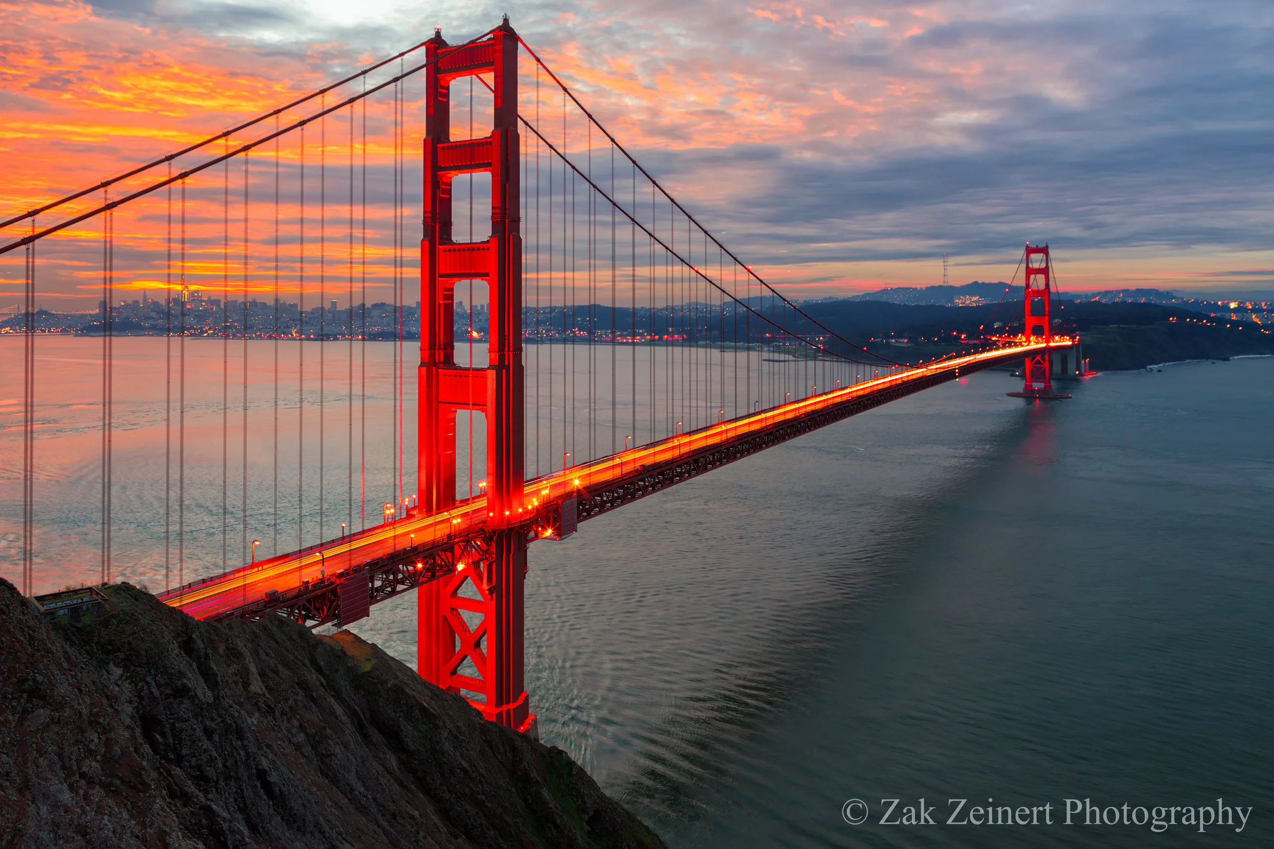 The Golden Gate Bridge at sunrise as seen from Battery Spencer Overlook