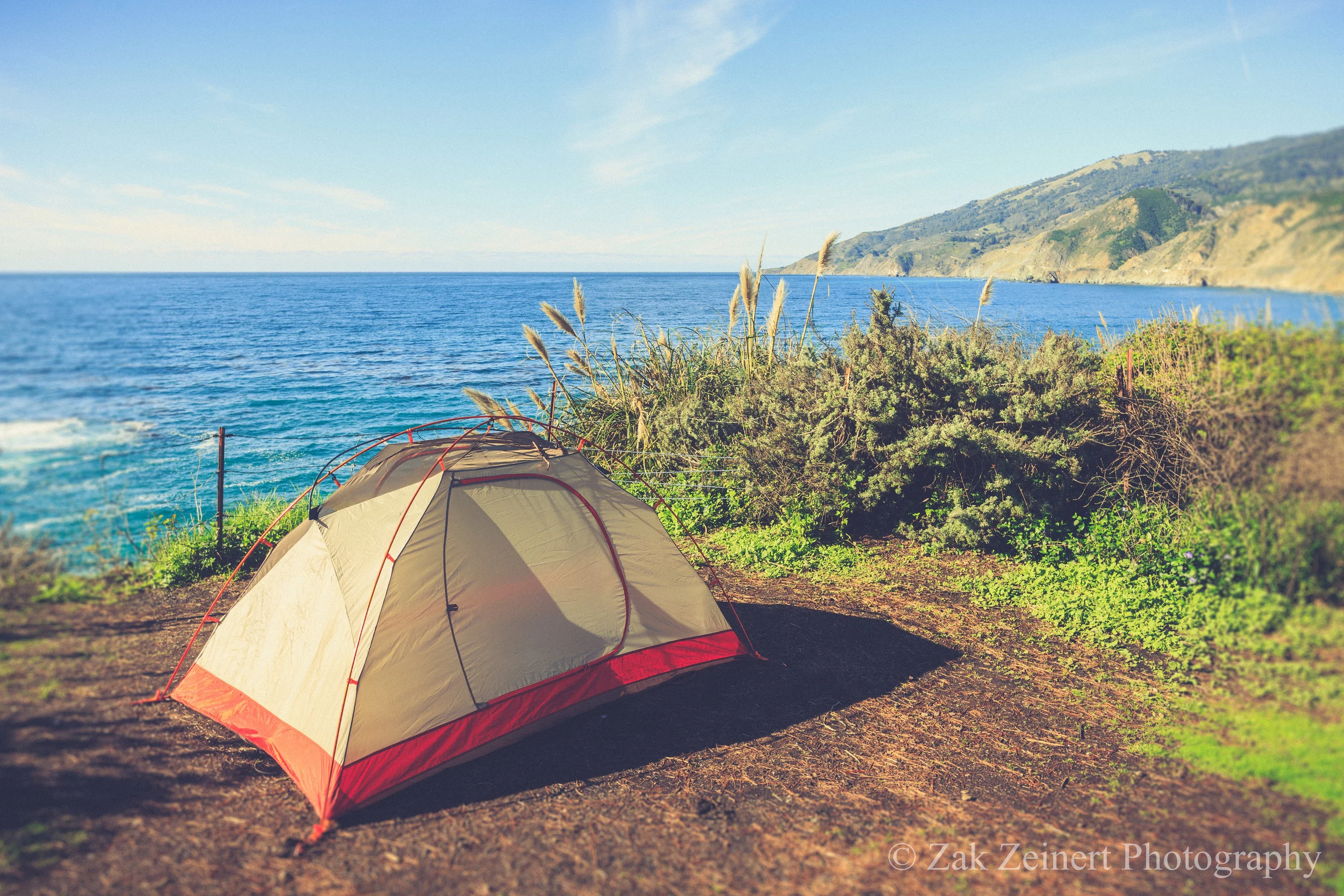 My tent near the cliff at Kirk Creek Campground