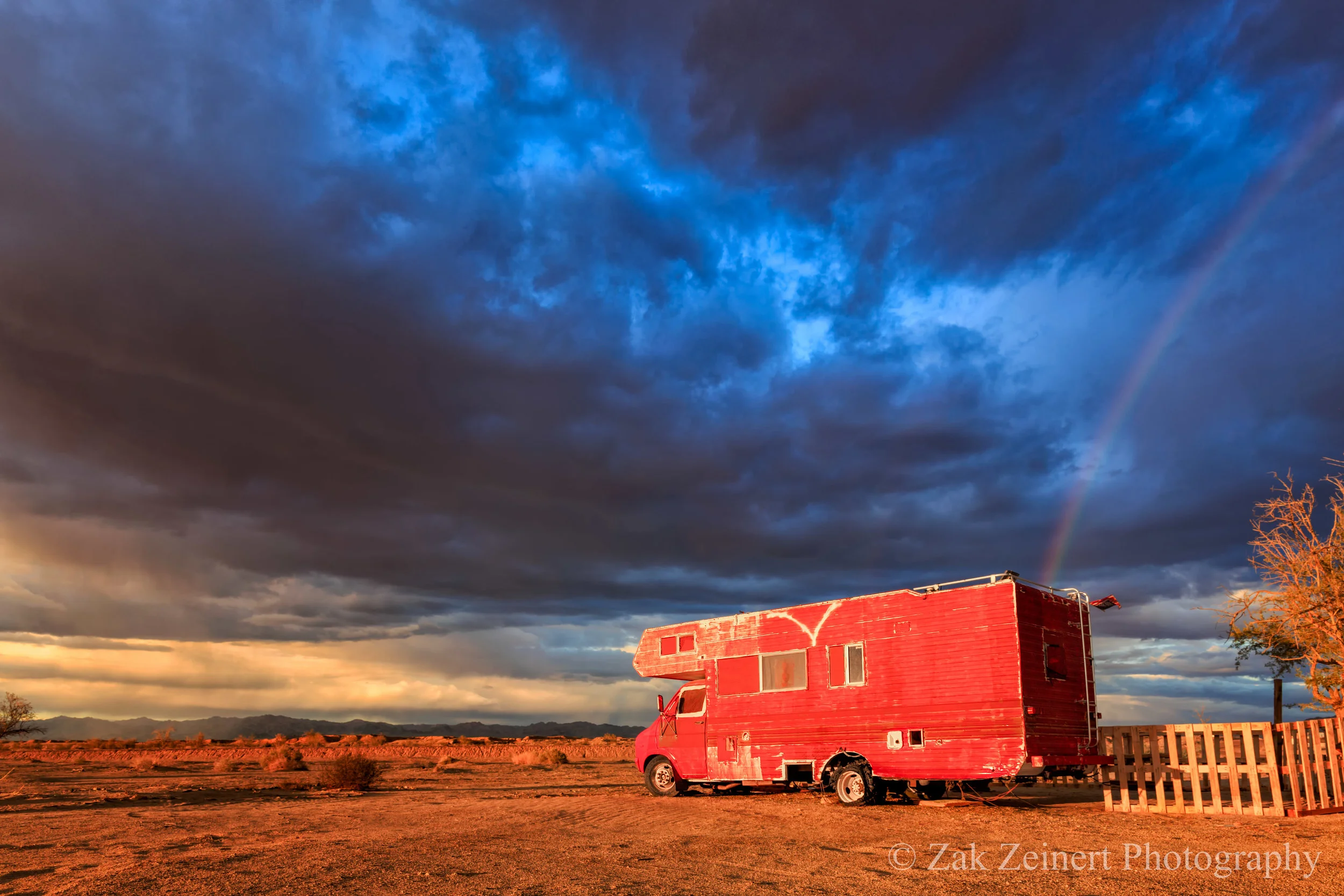 Red RV in beautiful golden hour light