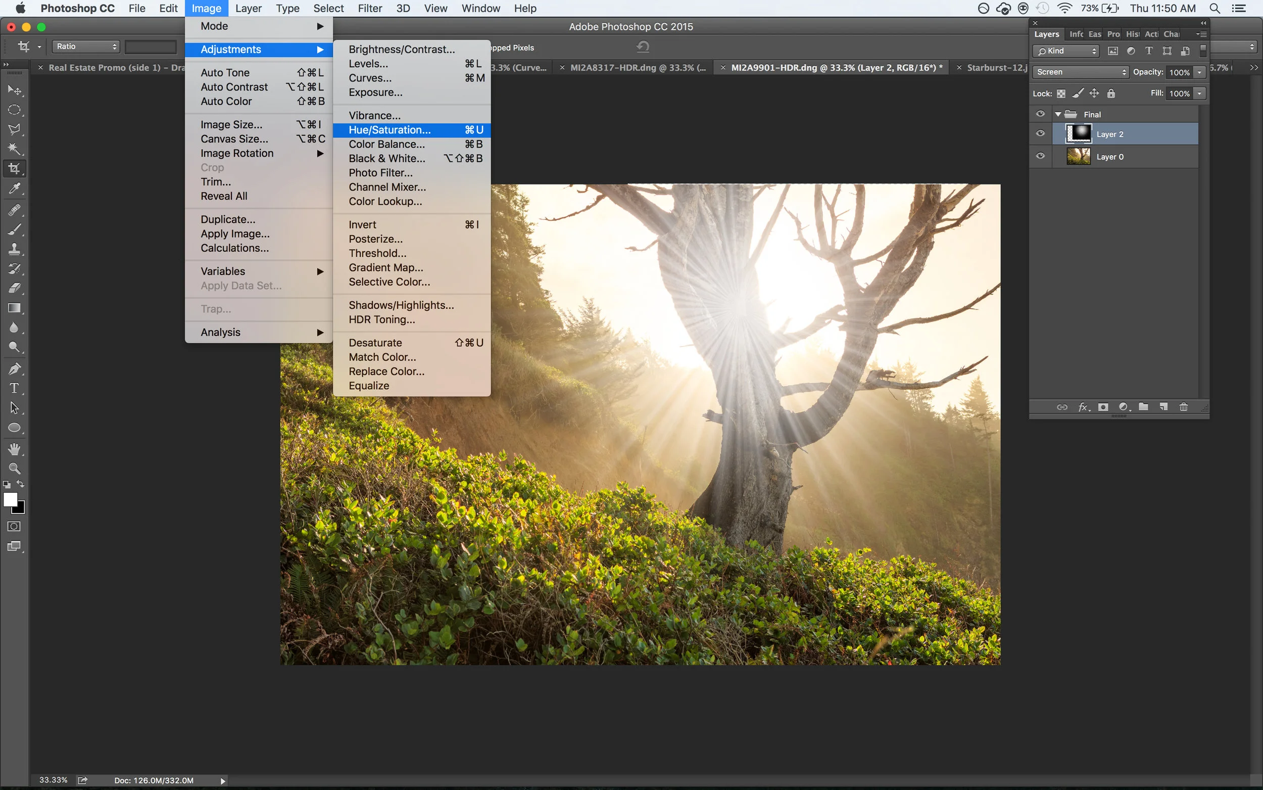 Adding a HUE/SATURATION ADJUSTMENT LAYER from the top menu bar