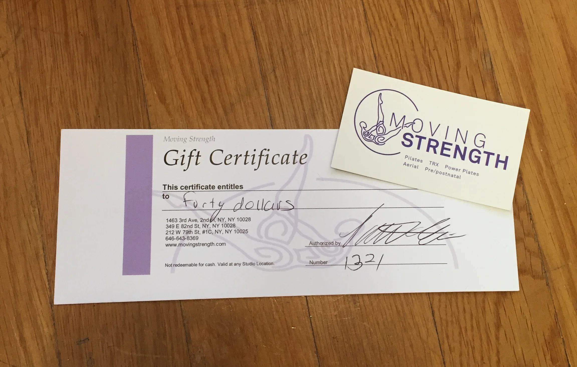 Moving Strength $40 gift certificate Value: $40.-- Minimum Bid for Mamalu and Moving Strength: $75.-, increments of $10.-