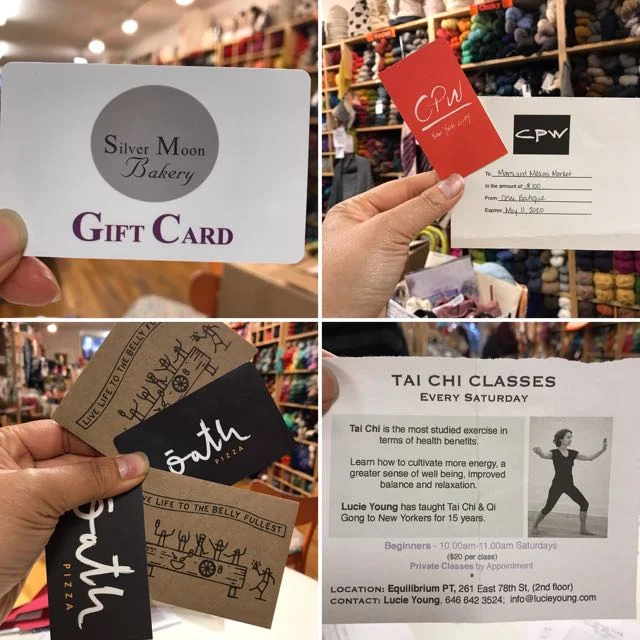 Silver Moon Bakery gift card CPW Boutique gift card Oath Pizza gift card Tai Chi class by Lucie Young