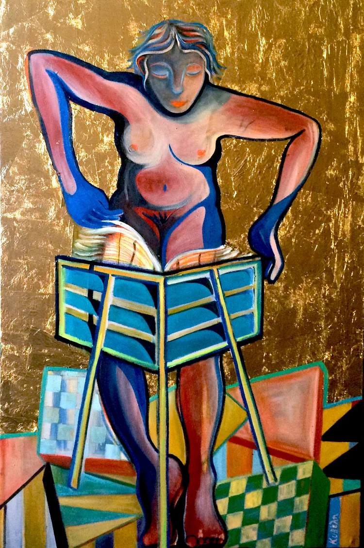Knowledge Acrylic, oil gold leaf on canvas, 87x 125 cm / 34.2 x 49.2 Inches