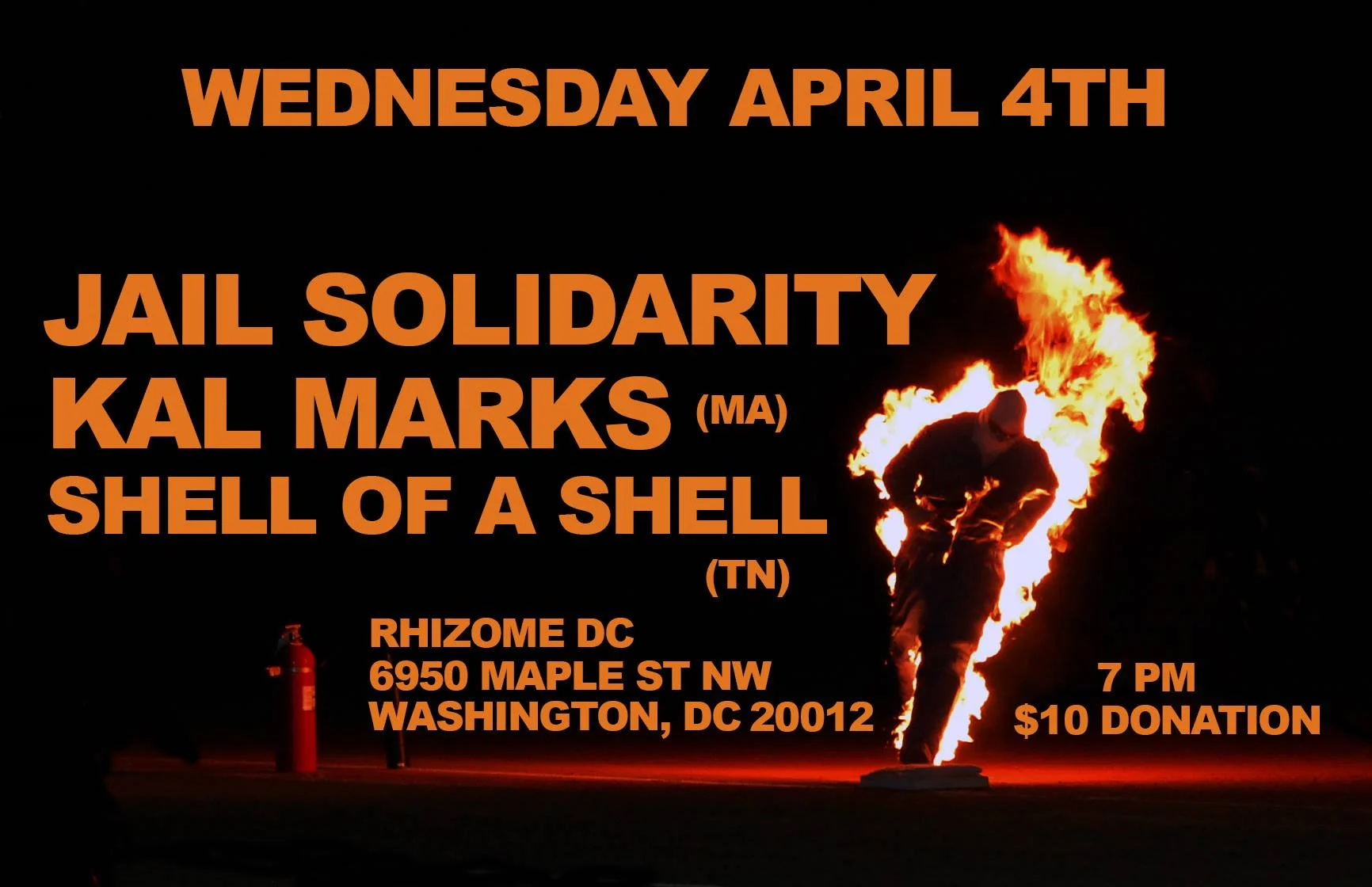 Wednesday April 4th 8PM $10 Jail Solidarity (DC)-- Jason(guitar), Kristin(drums), and Lindsey(bass). https://jailsolidarity.bandcamp.com/ Kal Marks (Boston, Exploding in Sound Records)--Carl Shane(vocals and guitar), Michael Geacone(bass) and Alex Audette(drums) https://kalmarks.bandcamp.com/ Shell of a Shell (Nashville)--Chappy Hull, Dylan Liverman, Noel Richards and Nick Swafford. https://shellofashell.bandcamp.com/releases