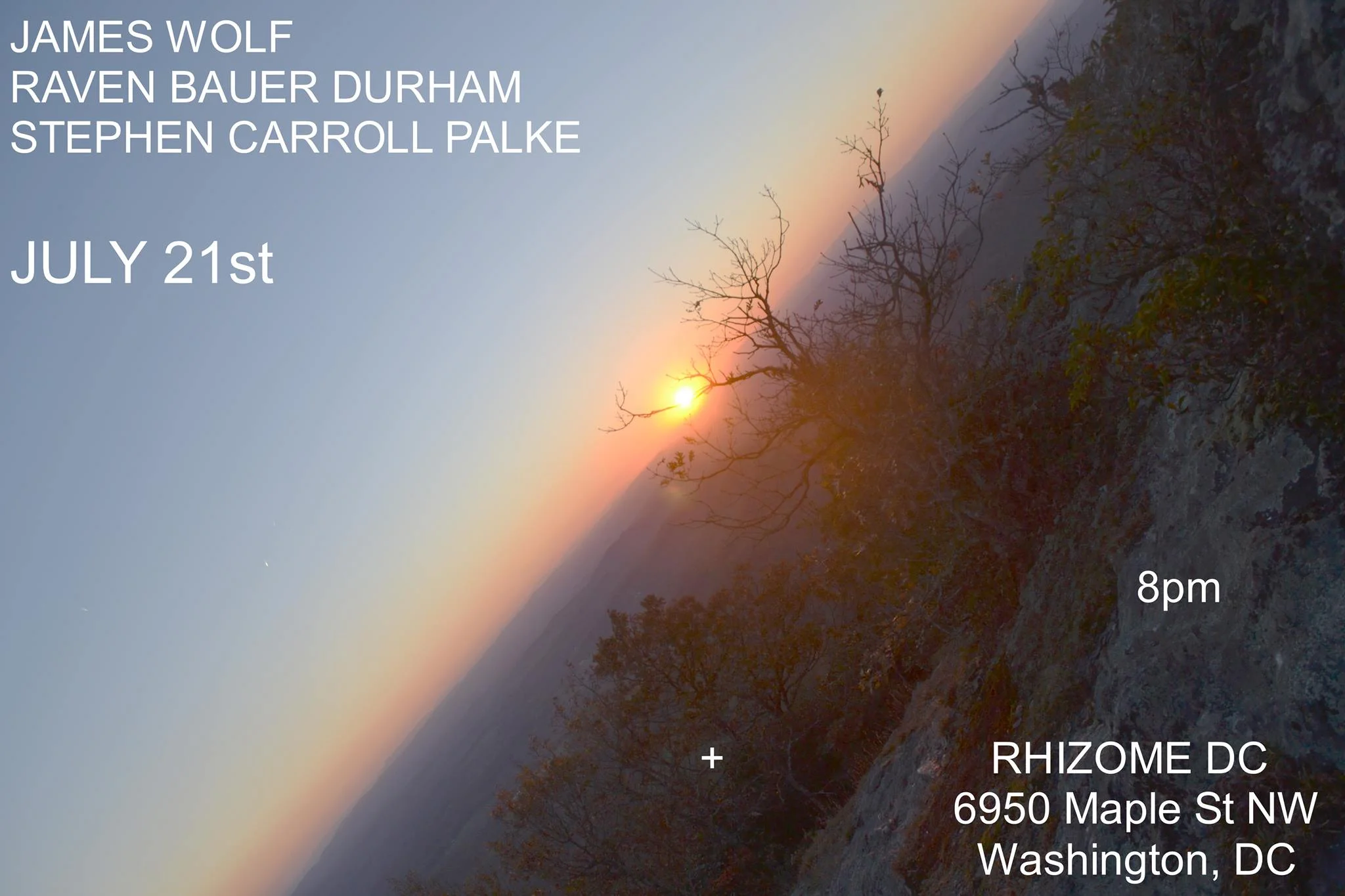 Saturday July 21st 8PM $10 Suggested Donation James Wolf is a violinist and multi-instrumentalist active in the DC experimental music community for more than 20 years. He currently plays with Phoenix Auto Group . As a solo artist he has released three recordings with a fourth album, Engine Summer, due out on Star Of The Sea recordings in June 2018. Raven Bauer Durham is a musician, a songwriter, a sonic raconteur from the Central Virginia area. Blurring the line between experimental and folk. She's been quietly crafting songs, her own unique sound within the honeycombs of pure creation. Earlier this year saw the release of her debut solo record, Conversations, out on Star of the Sea recordings. a record of delicate experimental folk instrumentals; marking the debut of a compelling new voice in music. She currently plays in Phoenix Auto Group Stephen Carroll Palke is an experimental musician, filmmaker, photographer from Virginia. Ranging from haunting ethereal minimalist guitar to experimental folk to joyful vibrant pulsating electronic soundscapes evoking symmetric structures. Uncompromising, sometimes confounding, yet always with a genuine curiosity and spirit of exploration. an intention to directly communicate through personal expression. 