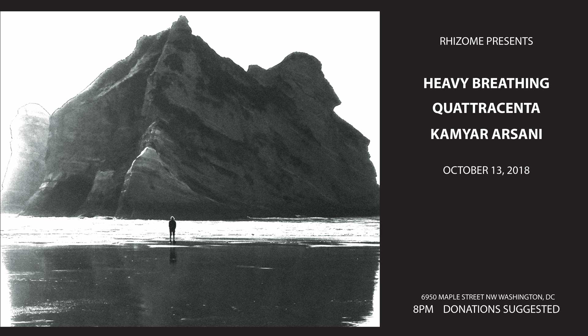 Saturday october 13th 8PM $10 Heavy Breathing , from Washington DC, have essentially been around for fifteen years. The core trio: Erick handling the axes, from bass to gits; Jeff, the drummer, who has now moved center stage; and Amanda, playing synths and organs made 6 records as the Apes, with three different vocalists; they then solved their singer problems by changing their name to Heavy Breathing and using found sounds from the World Wide Web in lieu of the old, clichèd human singer. Longevity in DIY music, artistic evolution, and prolific output: If you're up for adoption, this is the family you want. ** Quattracenta 's sound is dark and atmospheric. Dispirited emotion combines with melody and power to create haunting songs that are eerie, surreal and smart. Dark, dulcet tones creak from the belly of her guitar, while Sarah Matas sings at the edge of her breath, using as much air as inflection. Her lyrics vacillate between intimate snapshots and panoramic vistas that lament love, life and loss. Beneath this landscape, a driving bass pushes forward to create a sinister tension. Pierced by brightness of the lead guitar and steadied by the notably tonal percussion of the drums, each instrument stands alone in its unique contribution yet combine together to form a lush, velvet darkness. Their debut EP with J Robbins of Magpie Cage Studios, was released on 20/20 Records and Tapes and is distributed through Dischord Records. ** Kamyar Arsani is a multi-instrumentalist, singer and songwriter born and raised in Tehran, Iran. At young age, Kamyar began daf (Persian frame drum) lessons with Master Bijan Kamkar. Kamyar also spent time playing meditative rhythms for hours at a time for Sufis. Kamyar has spent over 20 years performing and researching the daf and its roots. Kamyar's songs and performances are very much inspired by the people of Iran and their history of struggle and protest. He produced his first solo album in 2015, entitled "No Freedom.Kamyar also plays in two other collaborations: "Huda & Kamyar," a Palestinian oud player and an Irani Daf player meet in Washington DC. A mystical journey and an exploration of region's rich musical repertoire begins. The duo delves into the universe of Mashriq rhythms to create a transcending musical dialogue, influenced by the zaar, sufi thikr and more. Kamyar also plays in "Time is Fire," a weird world/post-punk band.Kamyar takes on a different character performing with Time is Fire, wearing his sikke (a Sufi hat representing the "tombstone of Ego") and singing poems of resistance and freedom in English and Farsi. Within the four member band's worldly, funky, post-punky, afro-infected music, the sikke and poems make perfect sense. He just published and produced an album with Blight Records of DC called “Voices in the Dark”, an electronic Daf album.