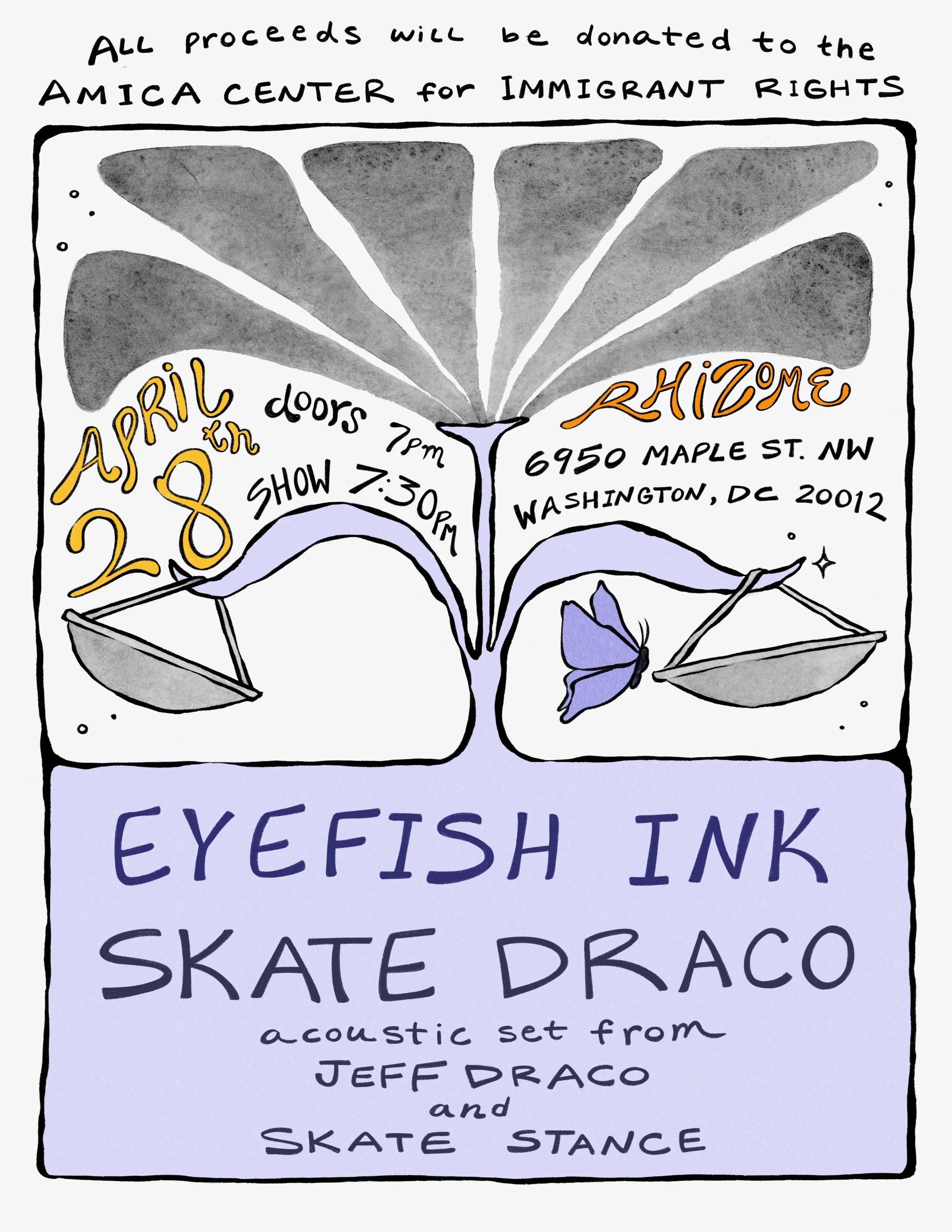 Benefit for Amica Center for Immigrant Rights - Eyefish Ink / Skate Draco