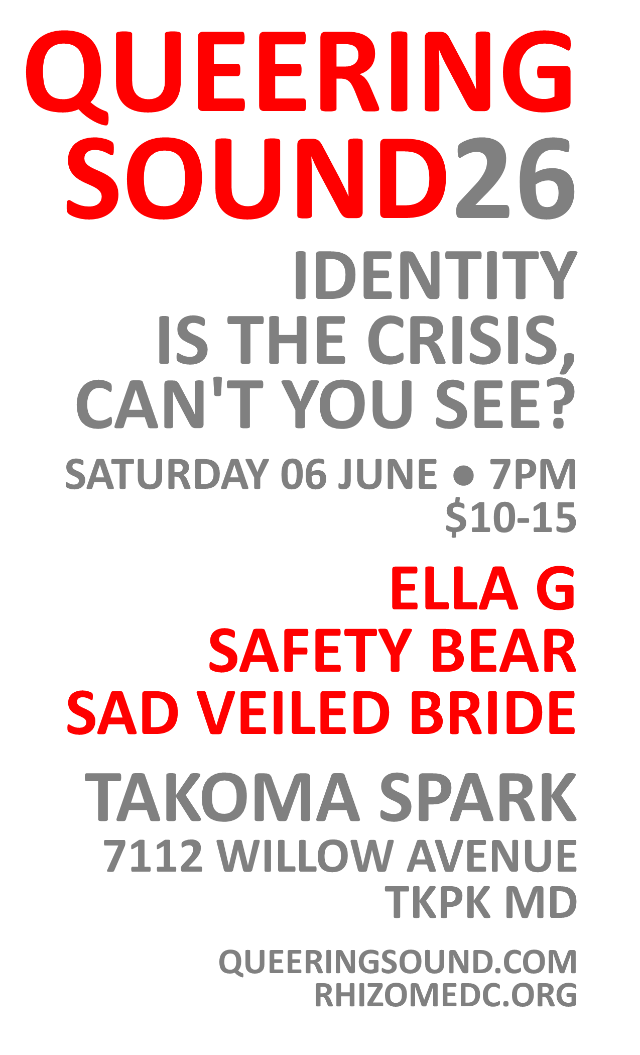QUEERING SOUND (OFFSITE at Takoma Spark) - Safety Bear / Sad Veiled Bride / Ella Gallogly
