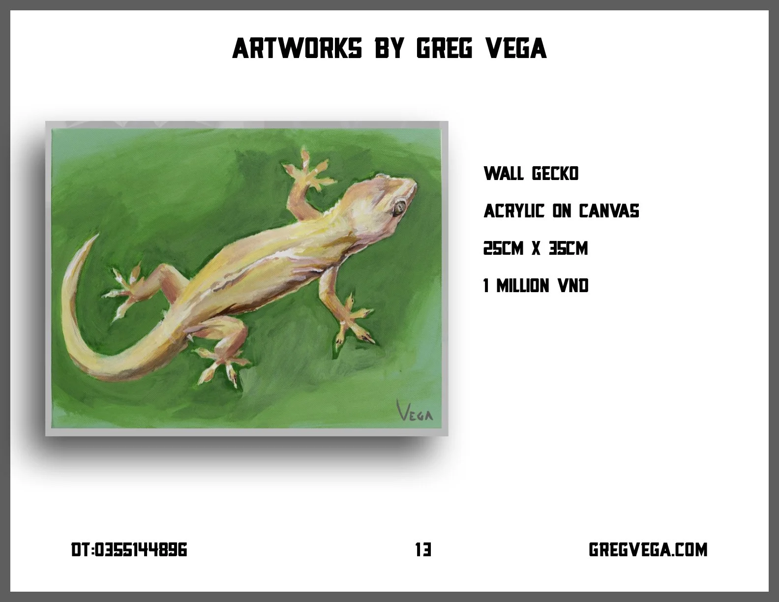 A green-painted acrylic painting of a wall gecko on canvas, signed by Greg Vega, with text on the right describing the artwork as 25cm by 35cm and priced at 1 million VND.