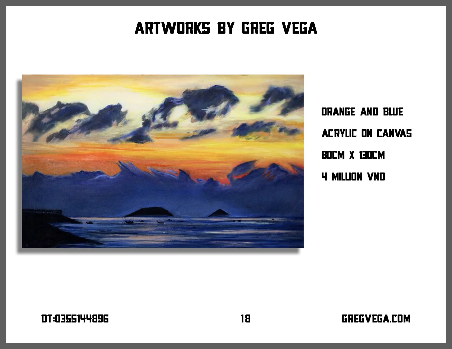 A landscape painting of mountains and water during sunset with orange, yellow, blue, and purple hues, titled 'Artworks by Greg Vega' and displaying details about the artwork's medium, dimensions, and price.