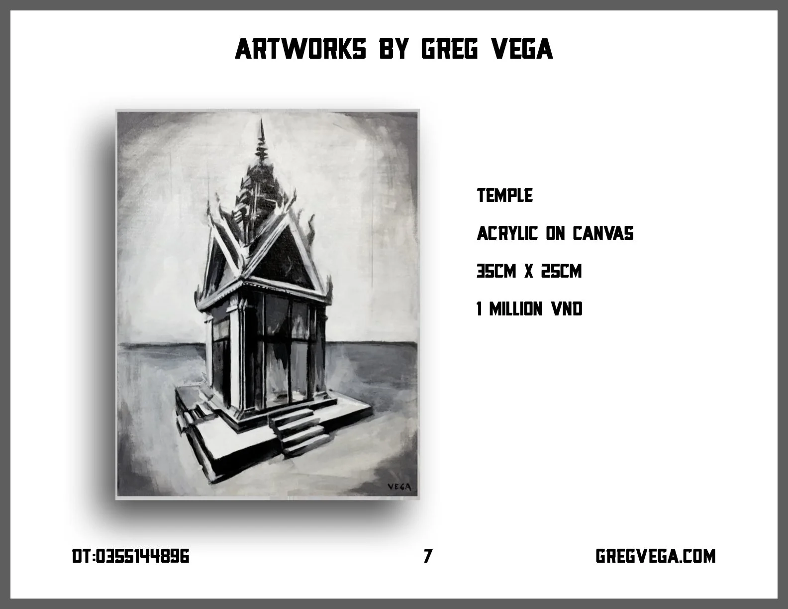 Black and white acrylic painting of a small temple with stairs leading up to the entrance, signed by Greg Vega.