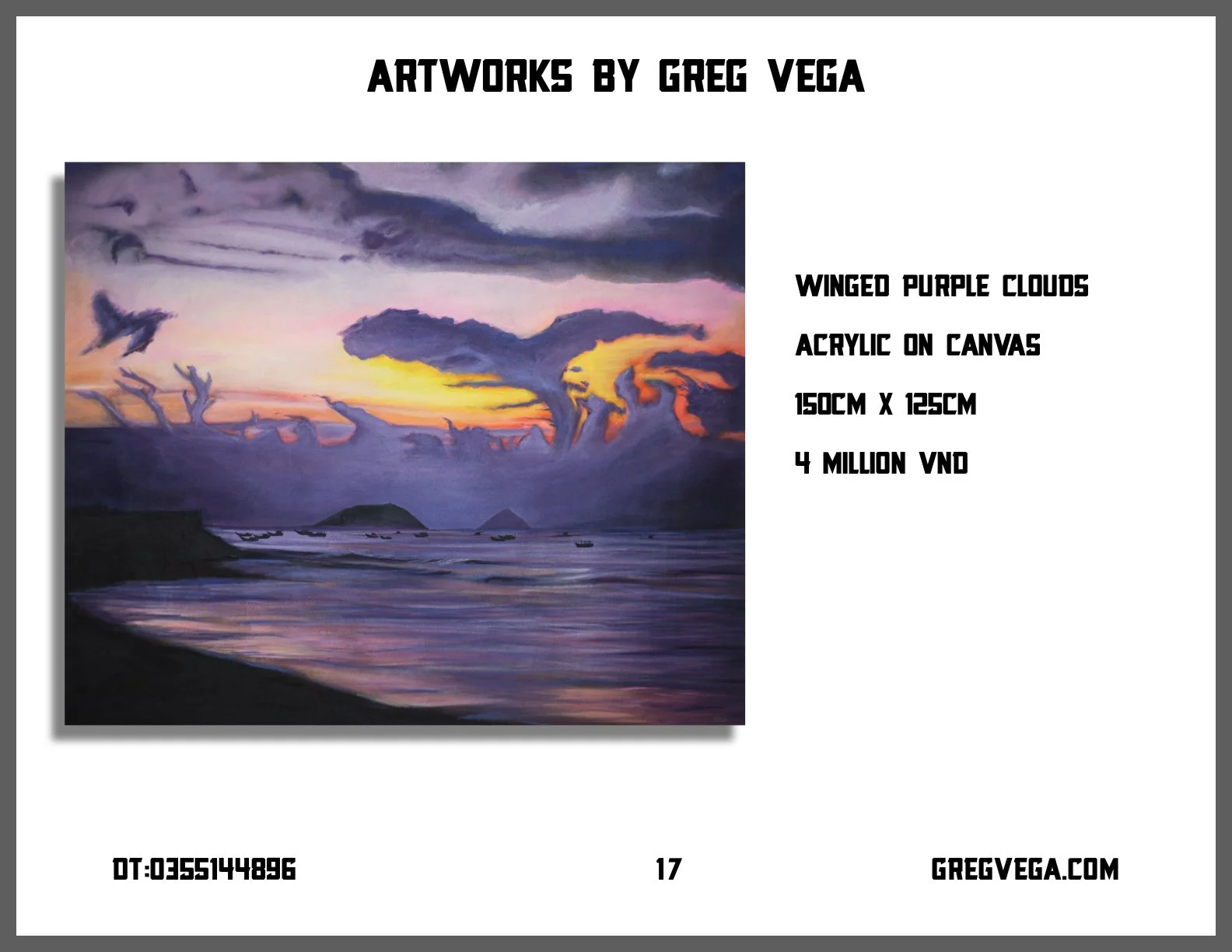 A painting of a coastal scene during sunset with purple winged clouds, calm water, and boat silhouettes on the horizon by Greg Vega.