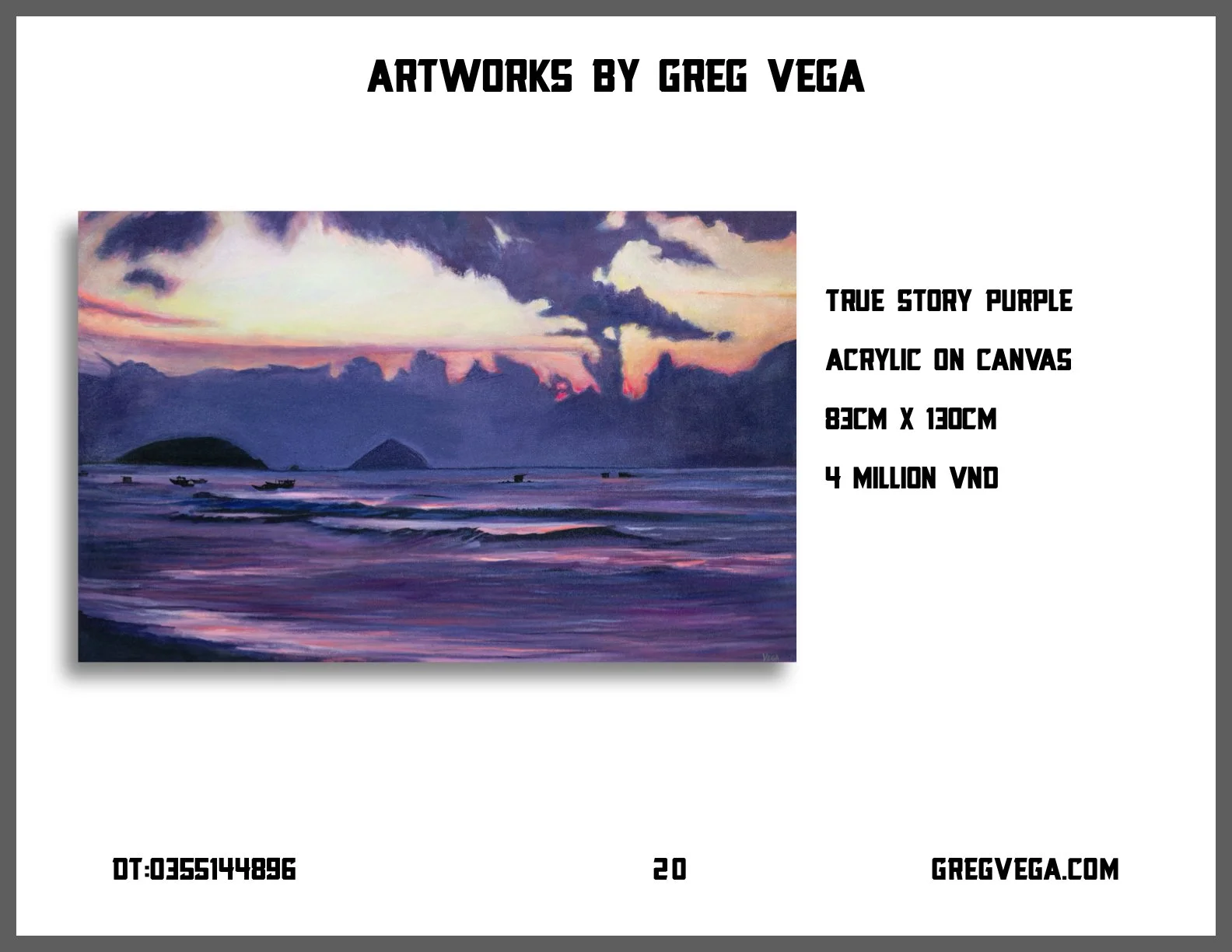 A landscape acrylic painting of a sunset over the ocean with small boats, hills in the background, and a sky with dark clouds and pink and purple hues.