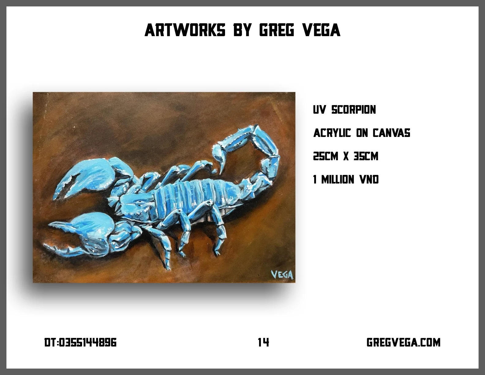 Painting of a blue scorpion with bold black outlines on a brown background, signed 'Vega' at the bottom right.