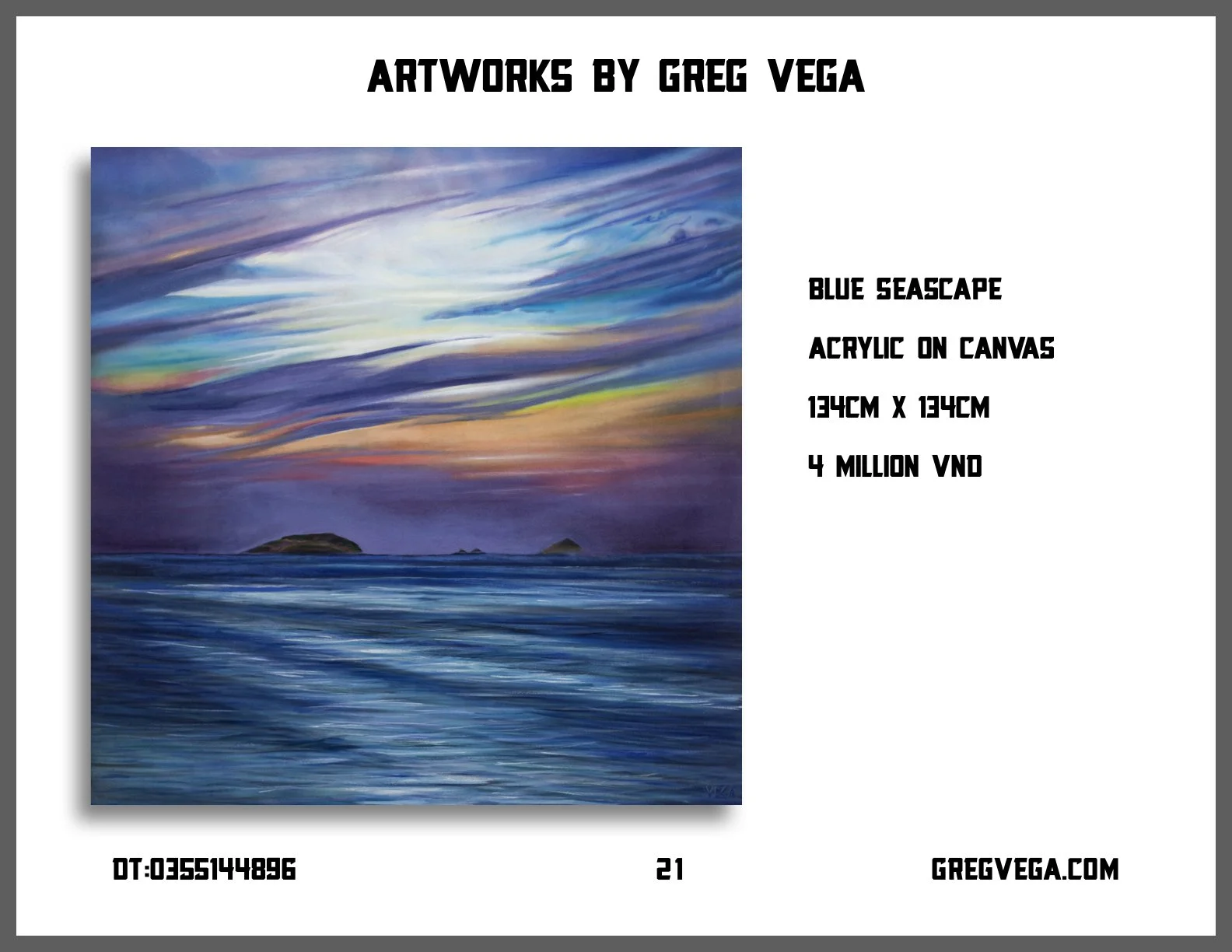 A colorful acrylic painting of a seascape with a vibrant sky filled with swirling clouds in shades of blue, purple, pink, and yellow, and a calm ocean with small island formations in the distance.