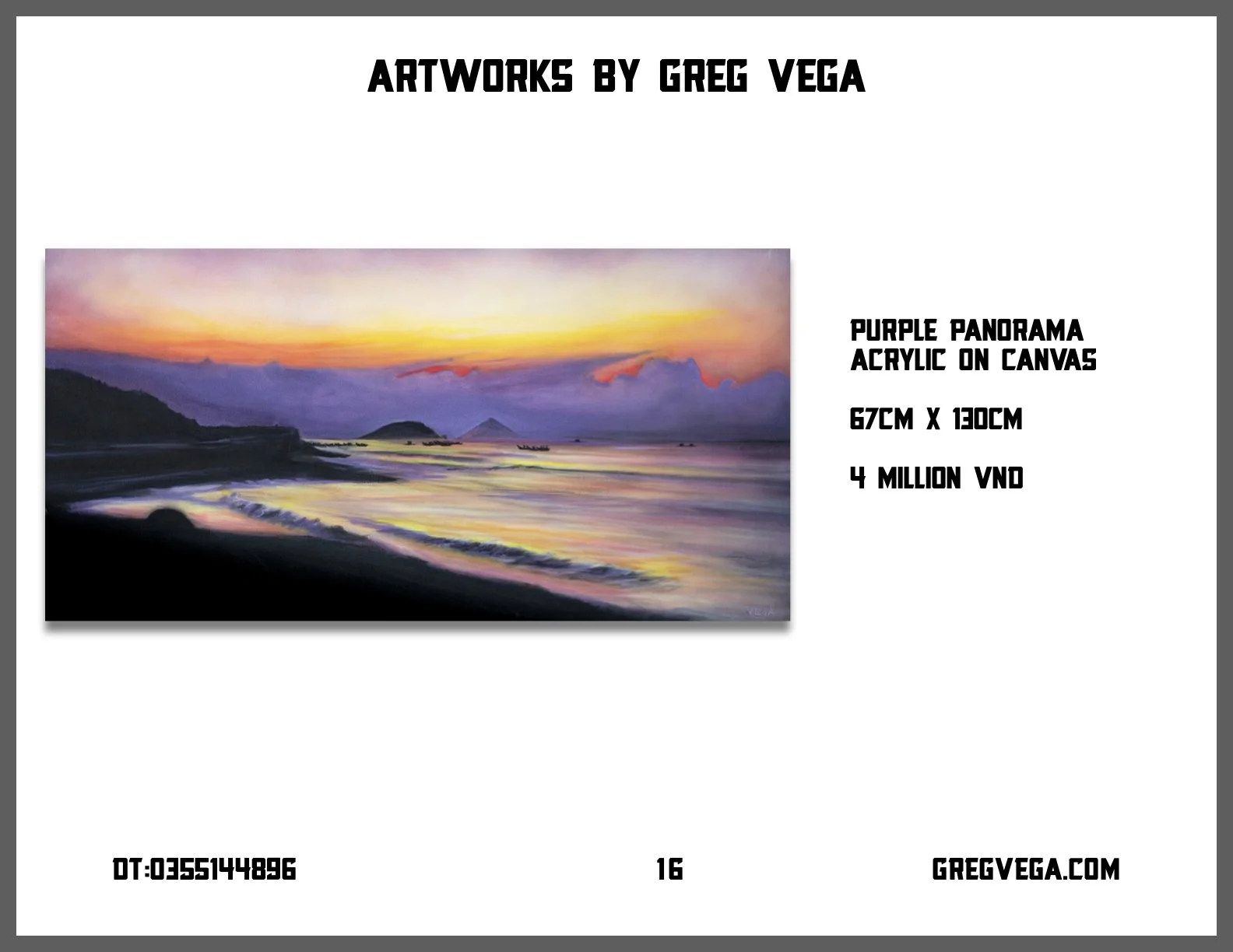 A pastel painting of a sunset over a beach with mountains in the background, titled 'Purple Panorama' by Greg Vega, acrylic on canvas, measuring 67cm by 130cm, priced at 4 million VND.