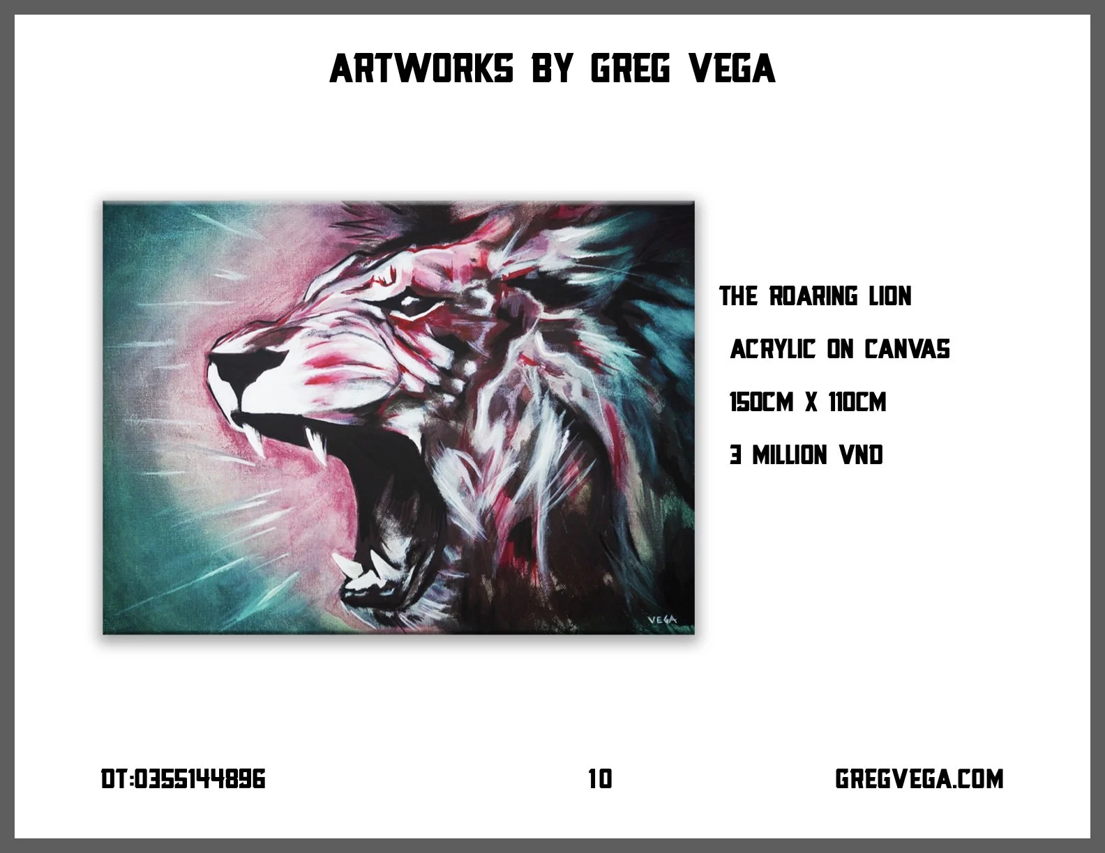 Digital painting titled 'The Roaring Lion' by Greg Vega, depicting a stylized lion's face with bold brush strokes in pink, black, and teal colors.