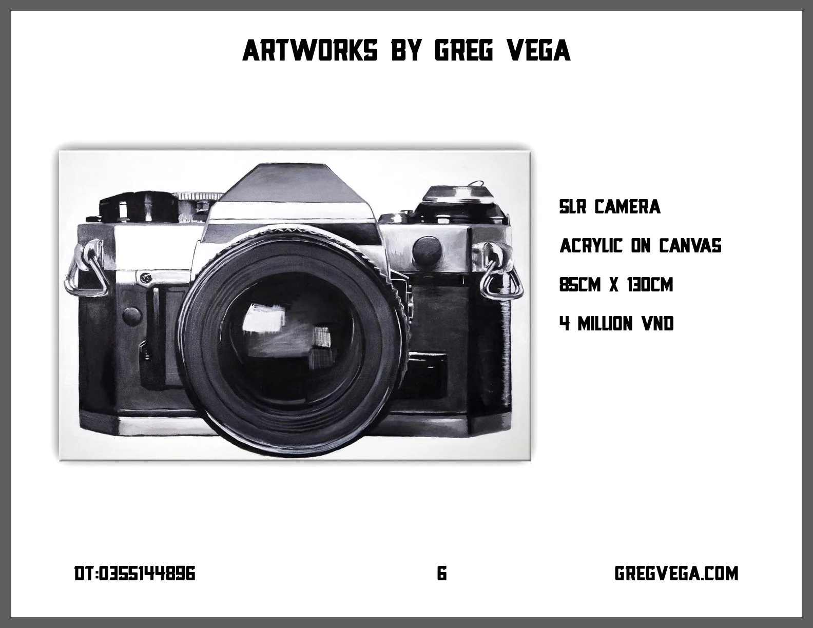 Black and white acrylic painting of a vintage camera with text indicating it's art by Greg Vega, size 85cm by 130cm, priced 4 million VND, and website grevvega.com.