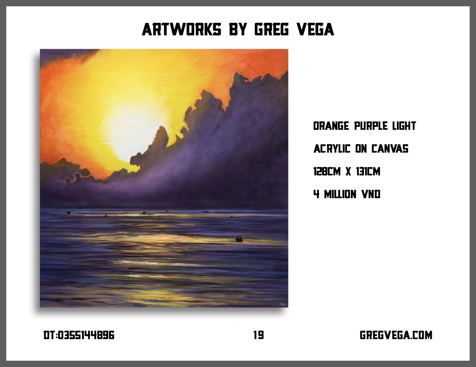 Sunset over ocean with purple clouds, with boats on water and the artist's name Greg Vega.