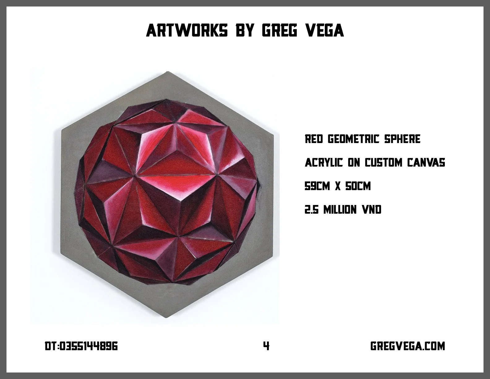 Artwork by Greg Vega depicting a red geometric sphere on a custom canvas, dimensions 59cm by 59cm, priced at 2.5 million VND, with creator website GregVega.com and serial number DT:0355144896.