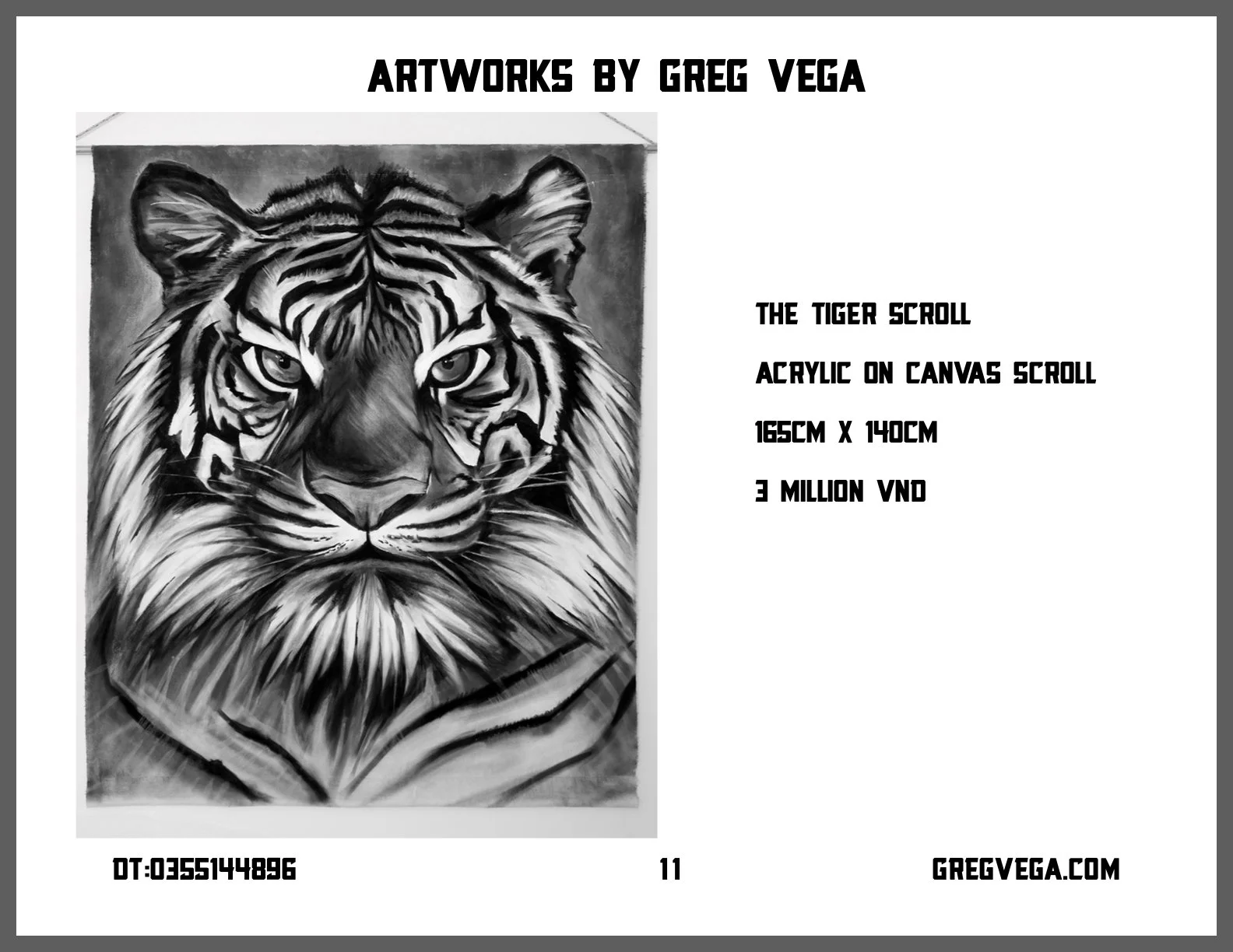 Black and white acrylic canvas scroll artwork of a tiger's face by Greg Vega, dimensions 165cm by 140cm, priced at 3 million VND.