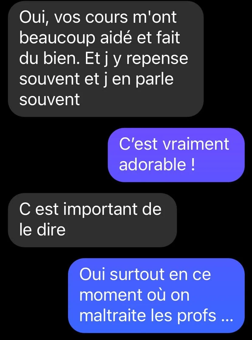 Quoi de mieux que de recevoir, en ce jour de grève des professeurs, un message adorable d’une ancienne élève qui me retrouve sur les réseaux ❤️ Enseignement - Culture - Soins de santé - Services à la po