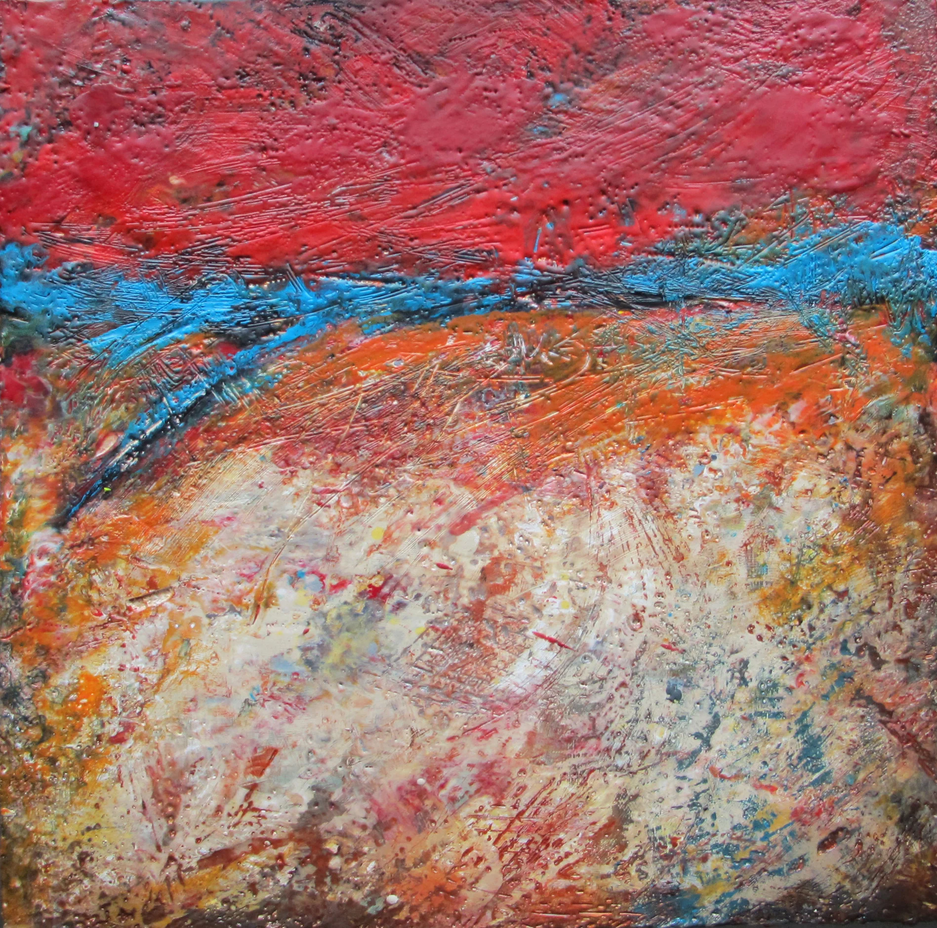 Flaming Sky / 20x20 / Encaustic on Birch Panel Framed / $800