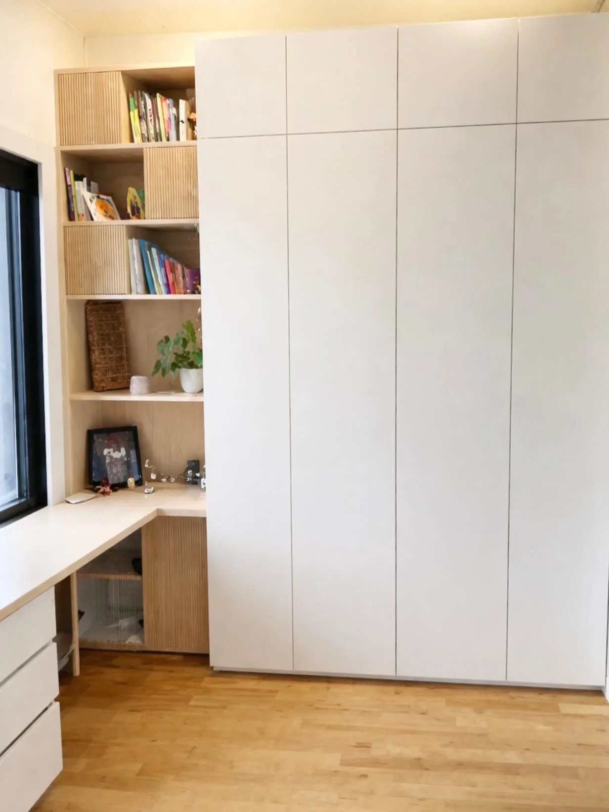 One of our last installs of 2025 ✨ custom storage with integrated desk #custom #wood #desk #woodworking #customized