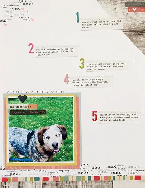 Bottom strips & Layering Papers: Gossamer Blue Main 2016 Kit & Life Pages • Stamps: Main 2016 Kit, April Life Pages & May Life Pages Kit • Puffies & Other Stckers: Life Pages Kit & Main Kit