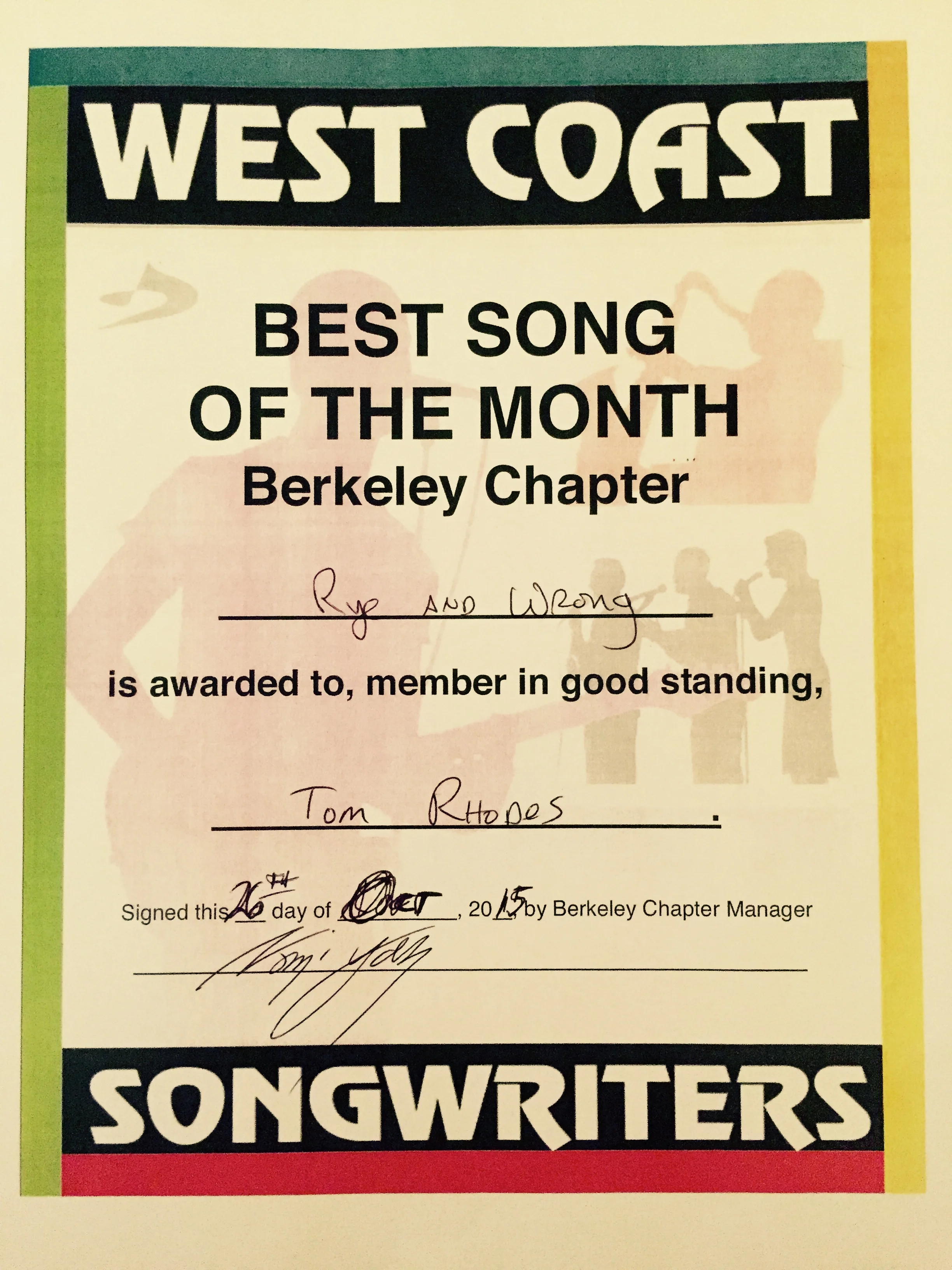 Tom wins Song of The Month in Berkeley