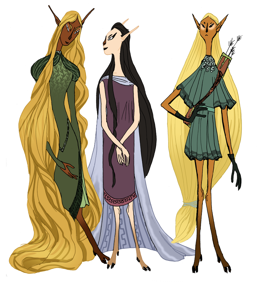  Redesign of Tolkien elves (L-R: Galadriel, Arwen, Legolas) as a less humanoid species 