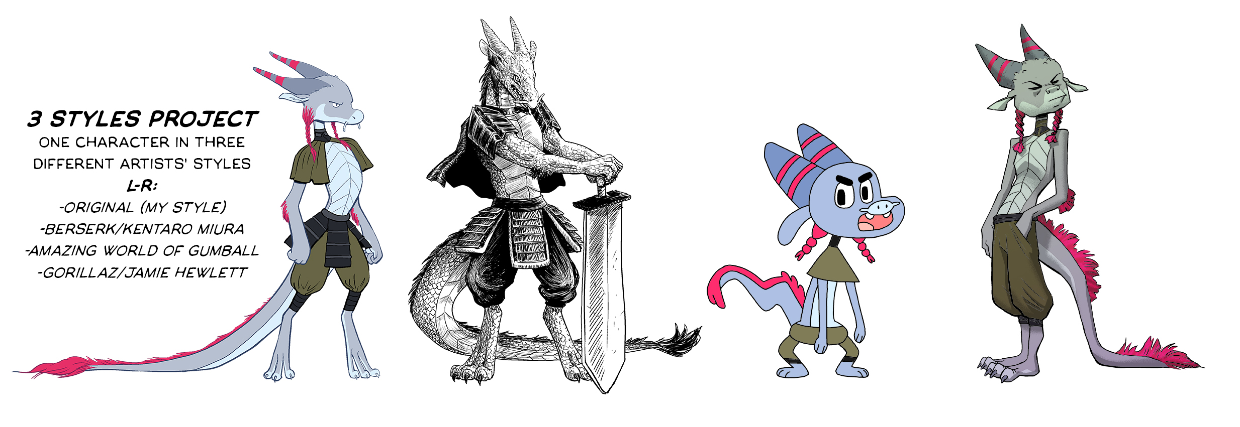 Design exercise translating a character into different artists' styles