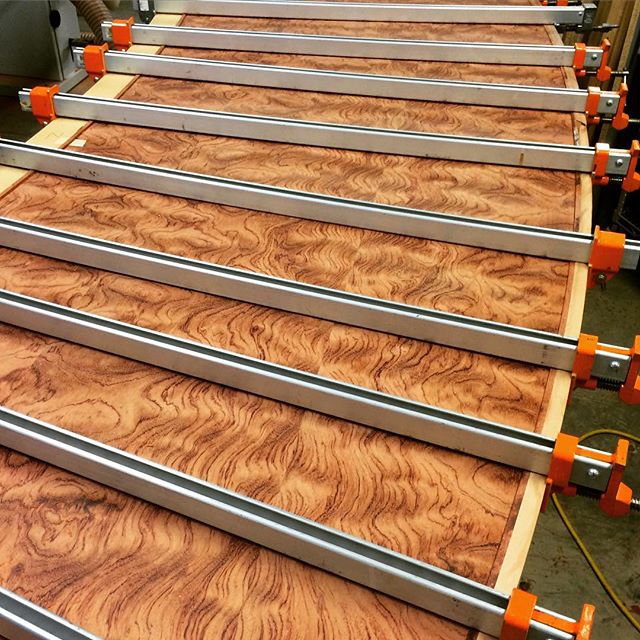 Such a beautiful grain on these #custom curved #african #bubinga #desks for a #local #filmstudio. Finished product pics coming soon. 
#exoticwood #office #custommade #office #officefurniture #madeincalifornia #design #officefurnituretrends #workspace