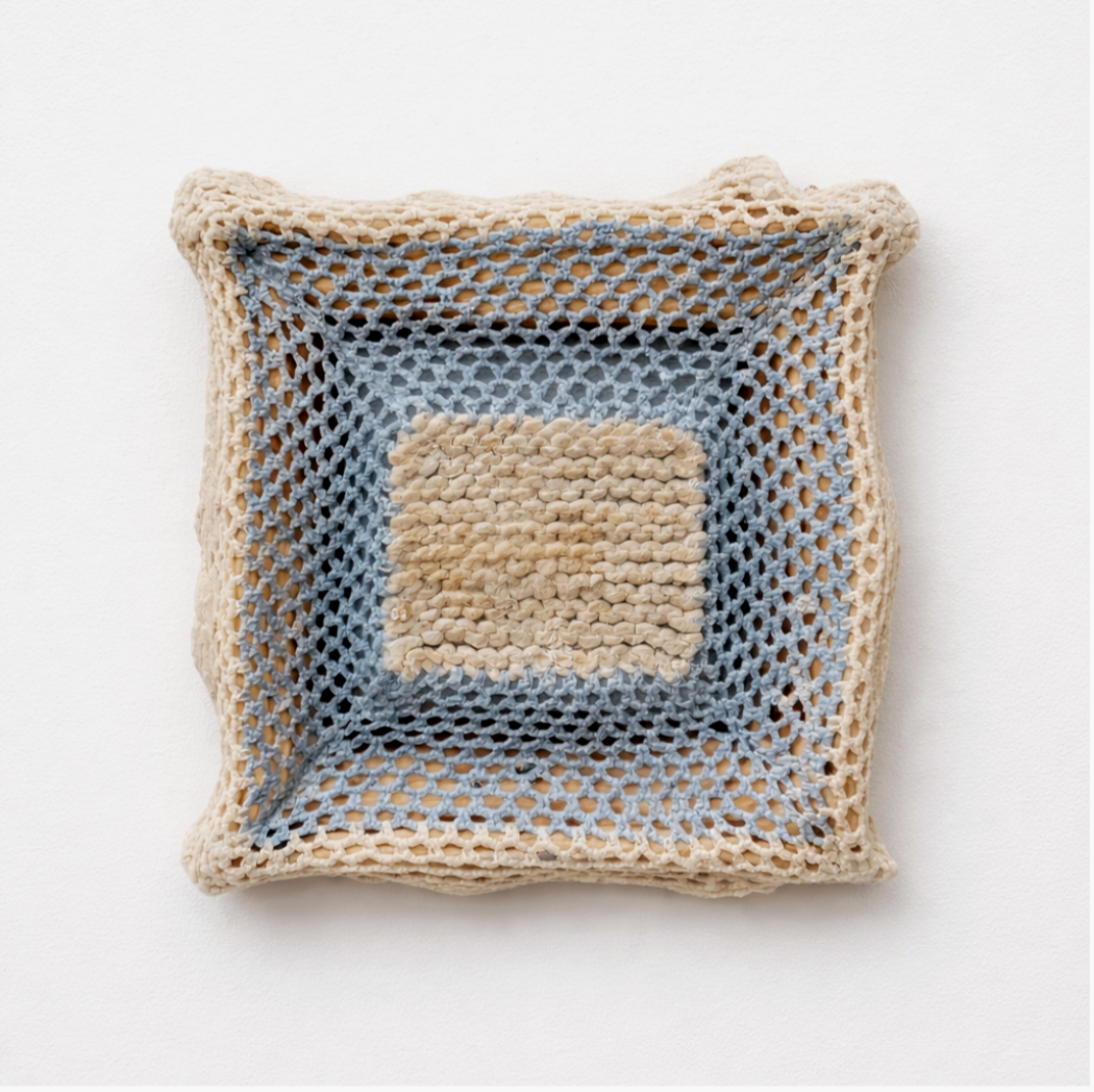    Stretched   2026 Inherited doily in encaustic on frame 9.5” x 9.5” 