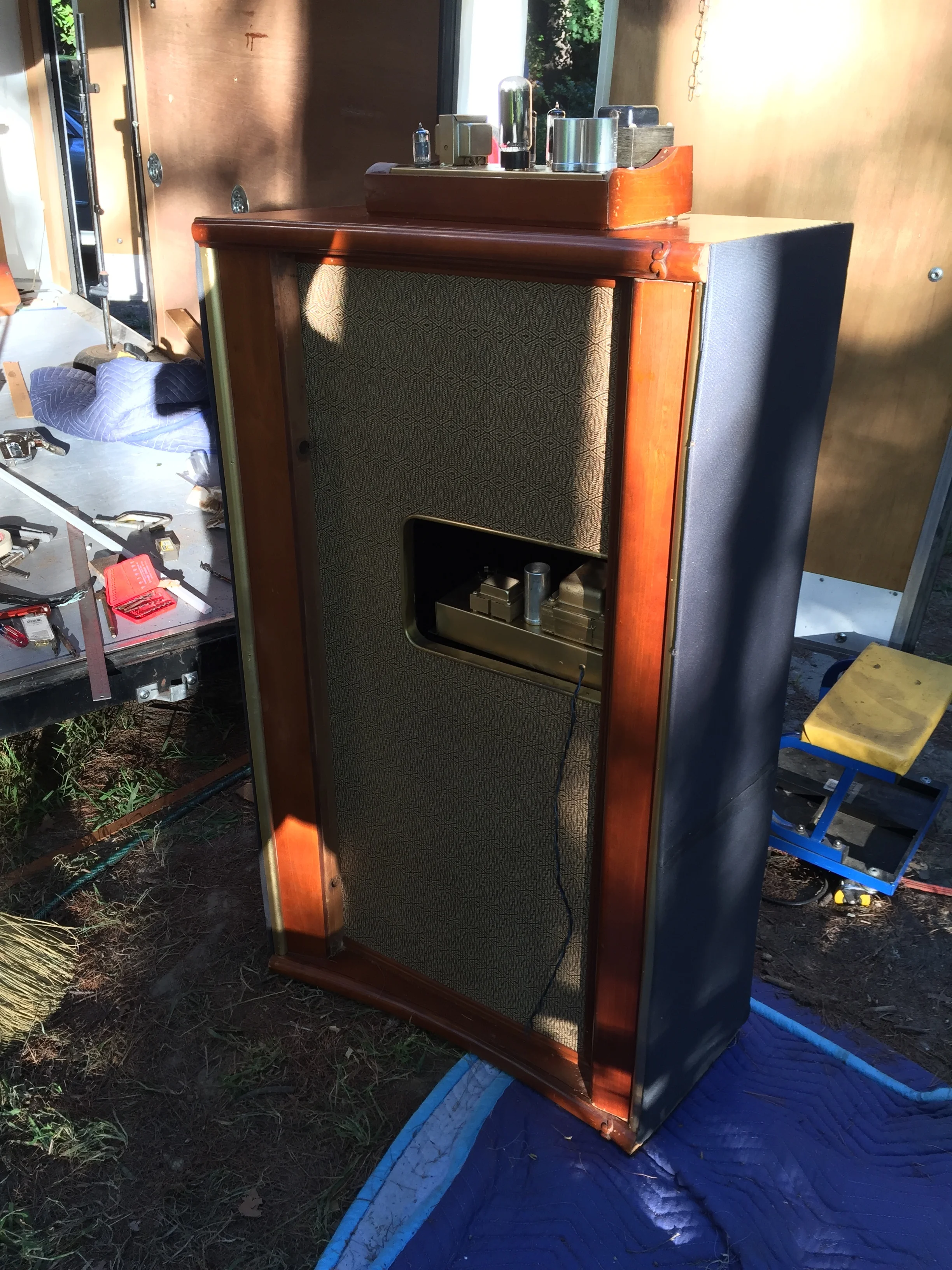 With a little woodwork I rearranged the A-102's parts into this. The swell pedal shroud was ventilated to prevent the reverb amp from overheating. I like having the tube amps prominently displayed.