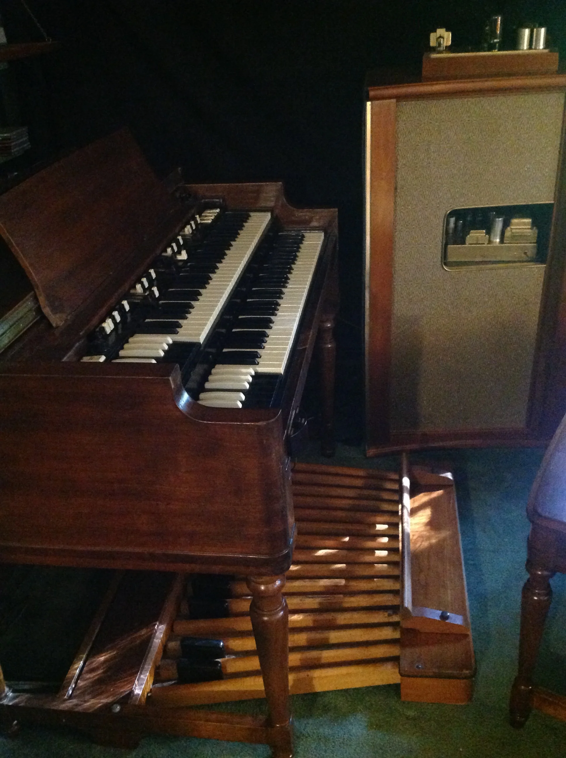 Now I have a killer B-3 for gigs and recording, and still have the classic spring reverb and tube sound system from the A-102 for home use. Additionally, I wired this rig up to play through my pair of vintage Leslie 122 cabinets, not pictured here.