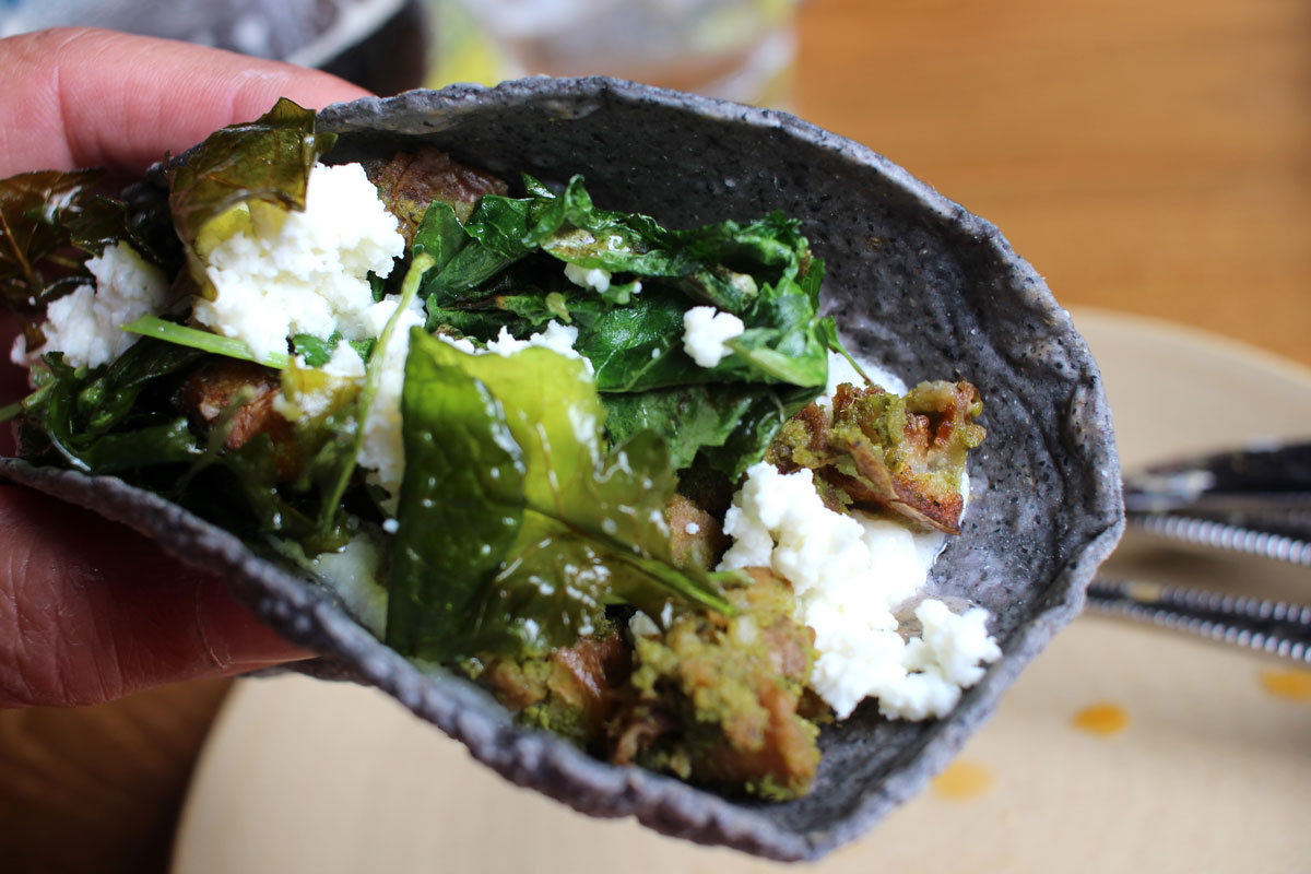 Potato, green chorizo spice, crunchy kale and queso fresca - Galaxy Tacos