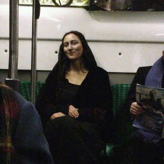 Shoutout to@zekemartinx who took this shot on a train and said &lsquo;she escaped the museum&rsquo; #monalisadoppelg&auml;nger #monalisasmile #liveart #davinci