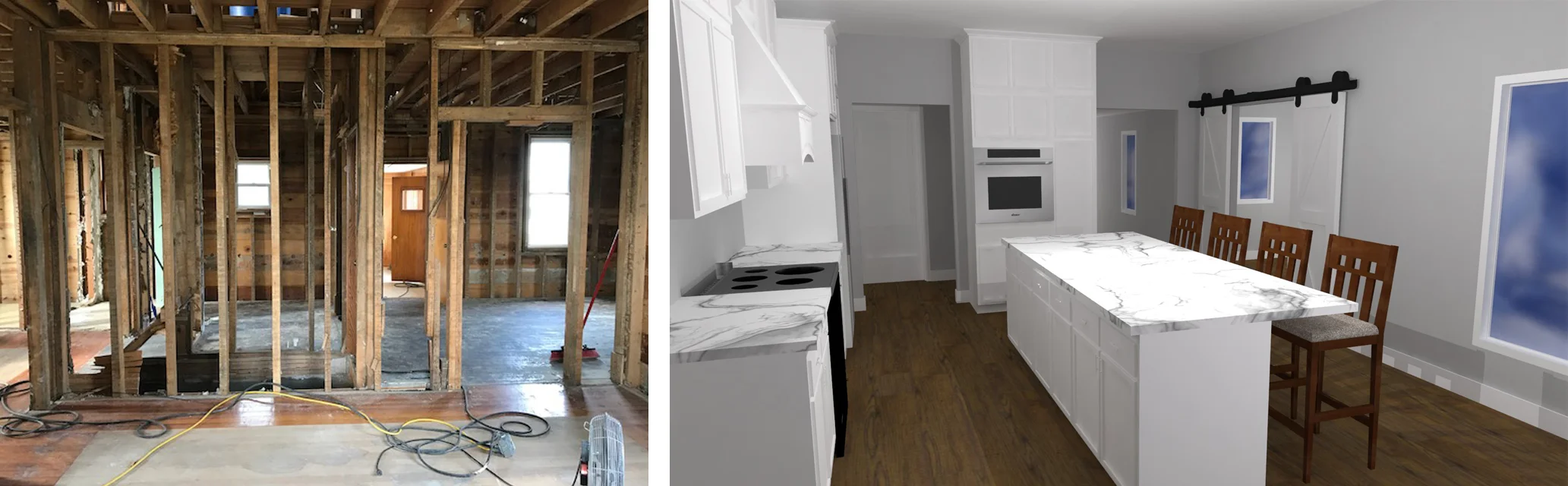 The image on the left will become the new kitchen. the image on the right is our rendering from the same perspective showing the design direction.