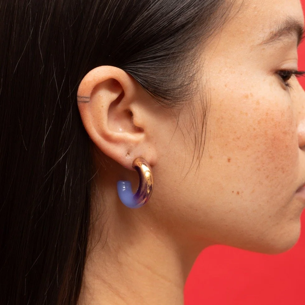 22k Gold Fumed Mini Hoops - Milky Blue_model.jpg