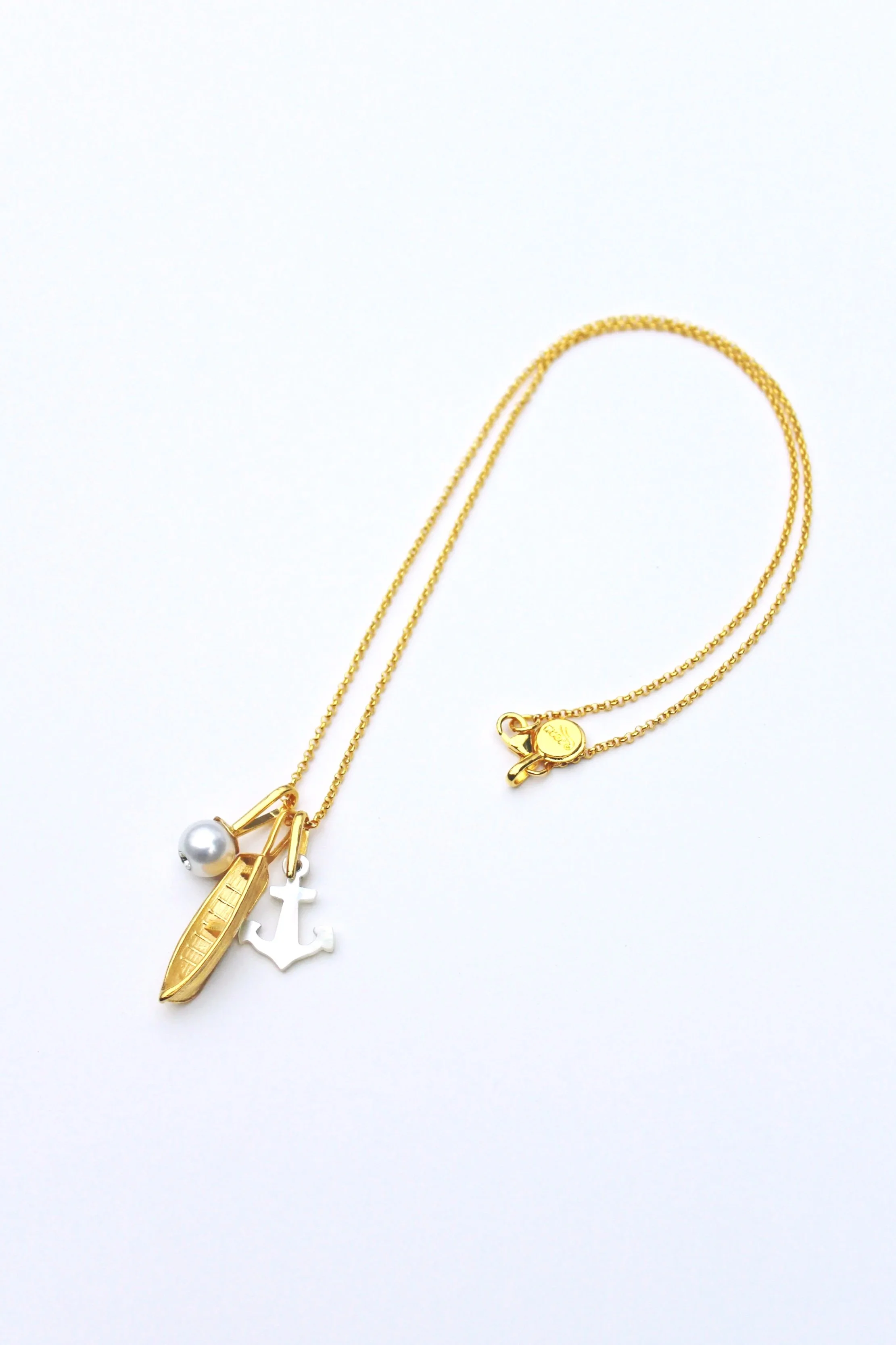 Rowboat, hand cut anchor & pearl charms on 18" chain