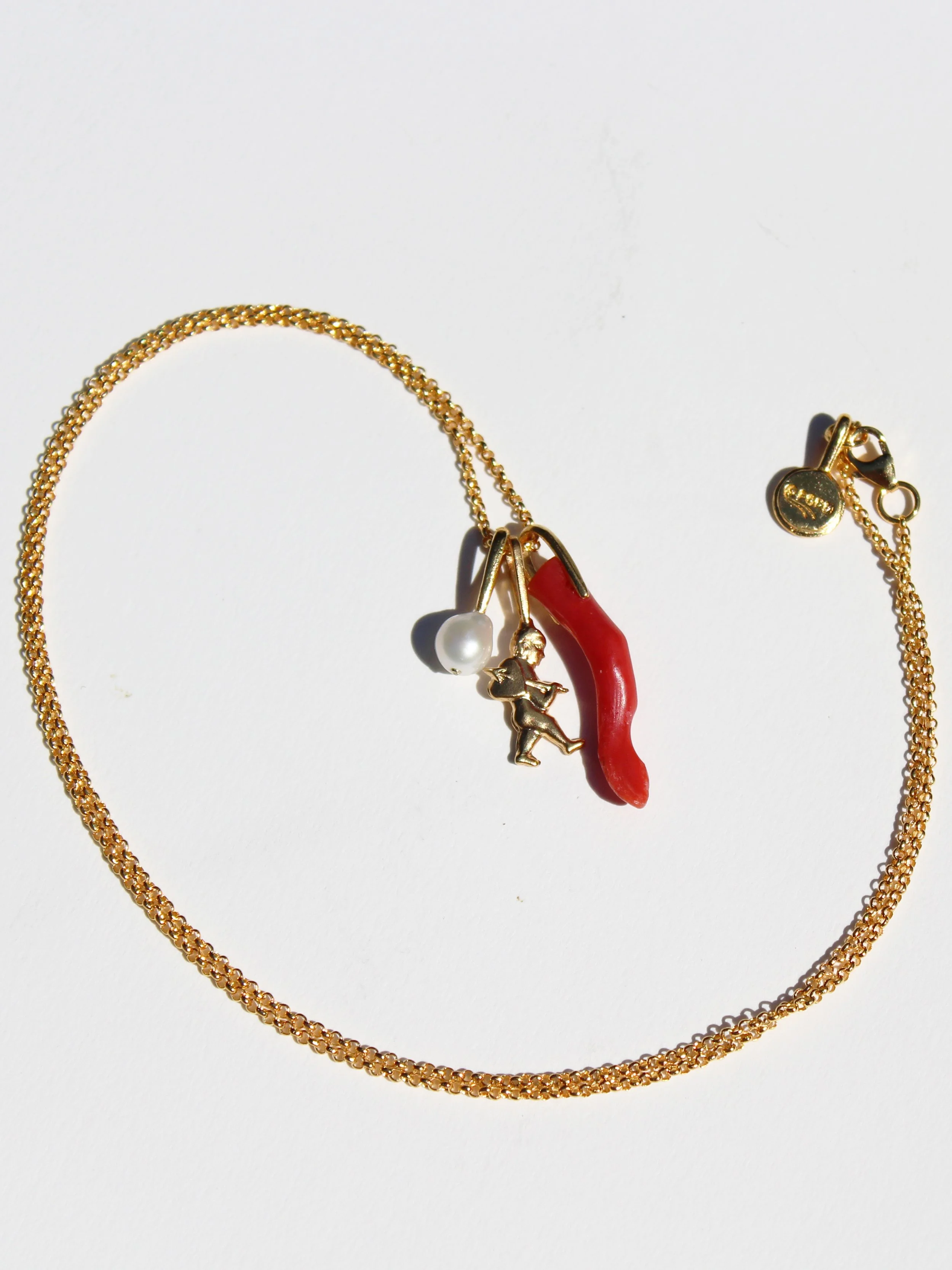 Eros, antique red coral & pearl charms on 22" chain