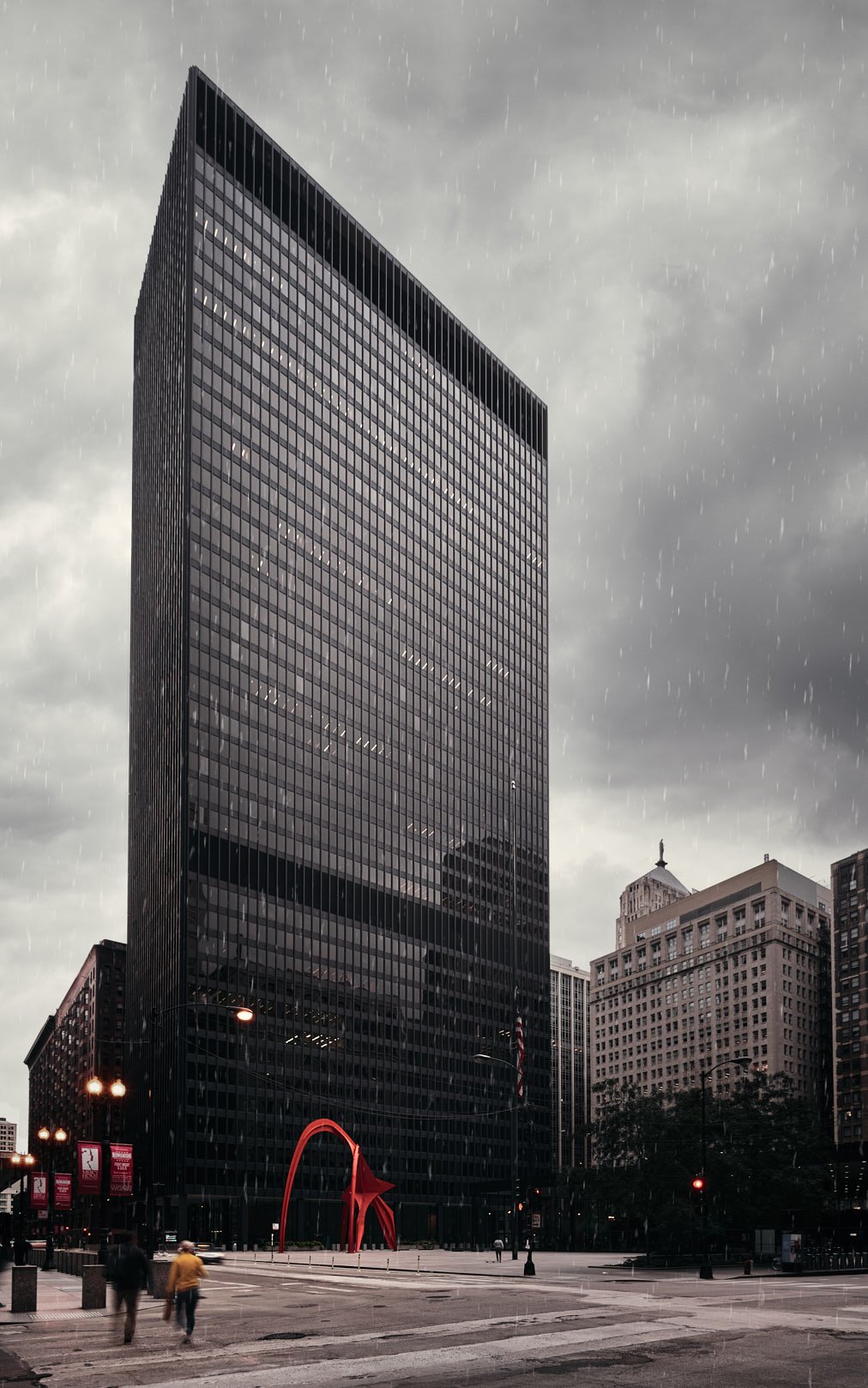 Architectural photograph of the Chicago Federal Center by Mies van der Rohe, captured on a moody, rainy day with the iconic red Flamingo sculpture by Alexander Calder in the foreground. The stark International Style facade looms against a cloudy sky,
