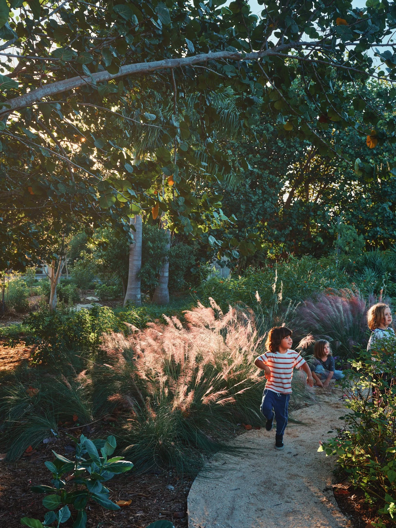 Architectural photograph of children playing on a winding garden path surrounded by tropical plants at Bayshore Park in Miami Beach highlighting the landscape architecture. Captured by Miami-based architectural photographer Christian Santiago