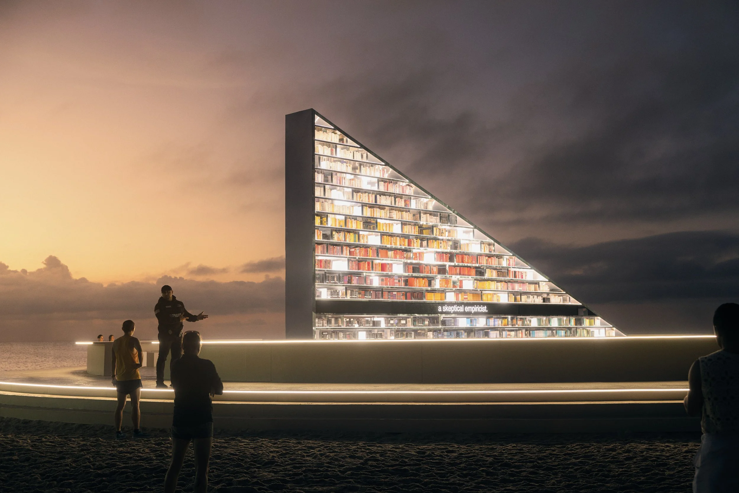 Architectural photograph of Es Devlin’s Library of Us public art installation at Faena Miami Beach during Art Basel Miami Beach, featuring the illuminated triangular bookshelf structure set against a dramatic sunset sky as visitors gather and interac