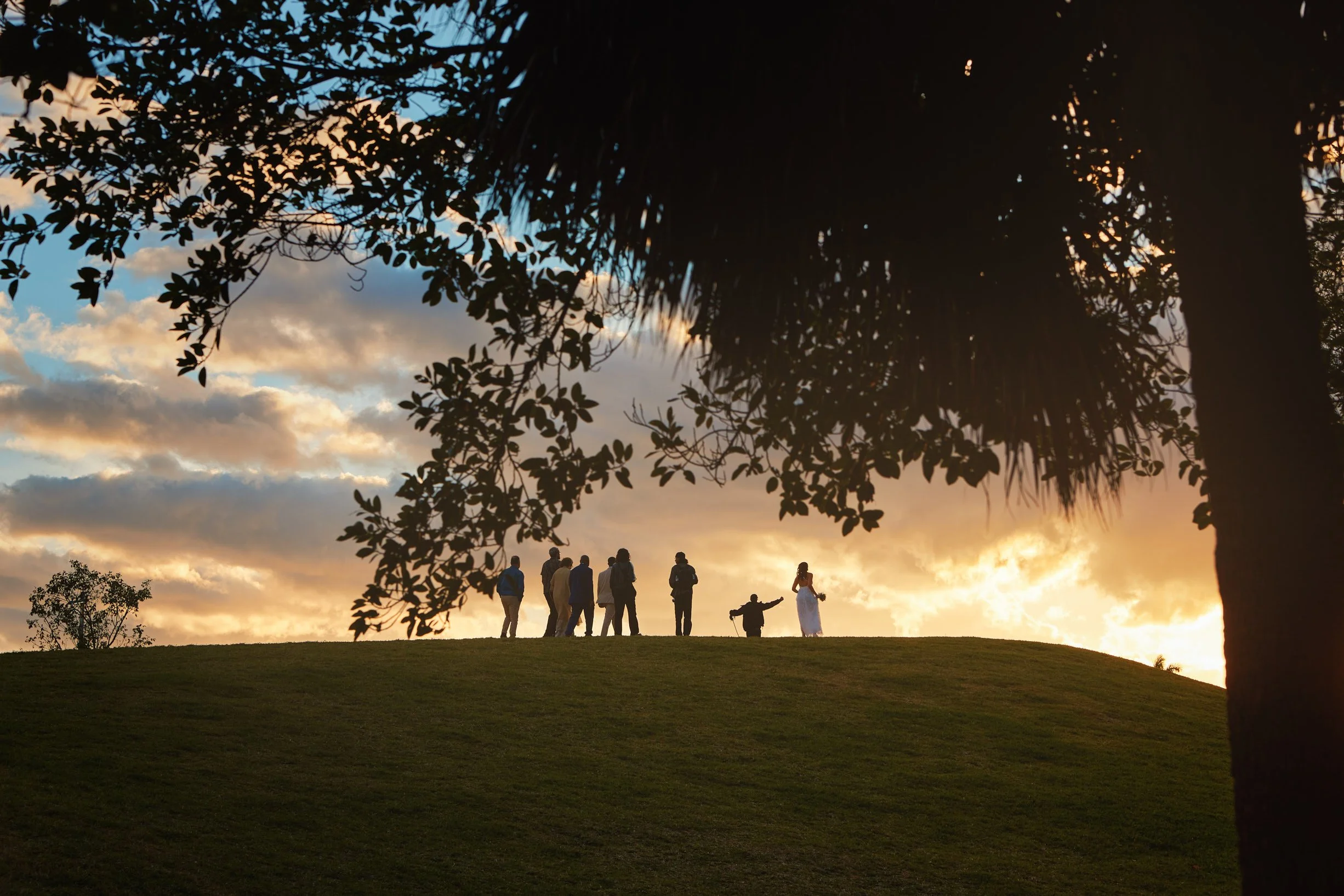 Architectural photograph of visitors silhouetted on a grassy hill at sunset in Bayshore Park in Miami Beach, framed by tropical tree canopy. Captured by Miami Architectural Photographer Christian Santiago