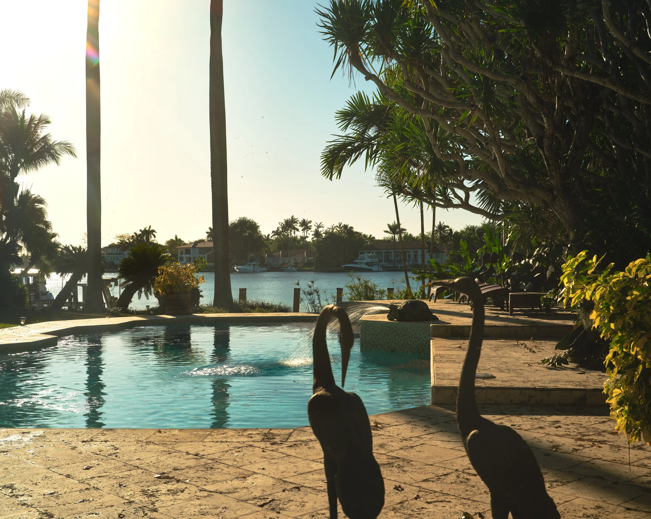 Architectural photograph of a luxury Miami waterfront estate pool framed by palm trees, tropical landscaping, and bronze crane sculptures at sunset. The image captures the tranquil atmosphere of South Florida luxury real estate with reflections on th